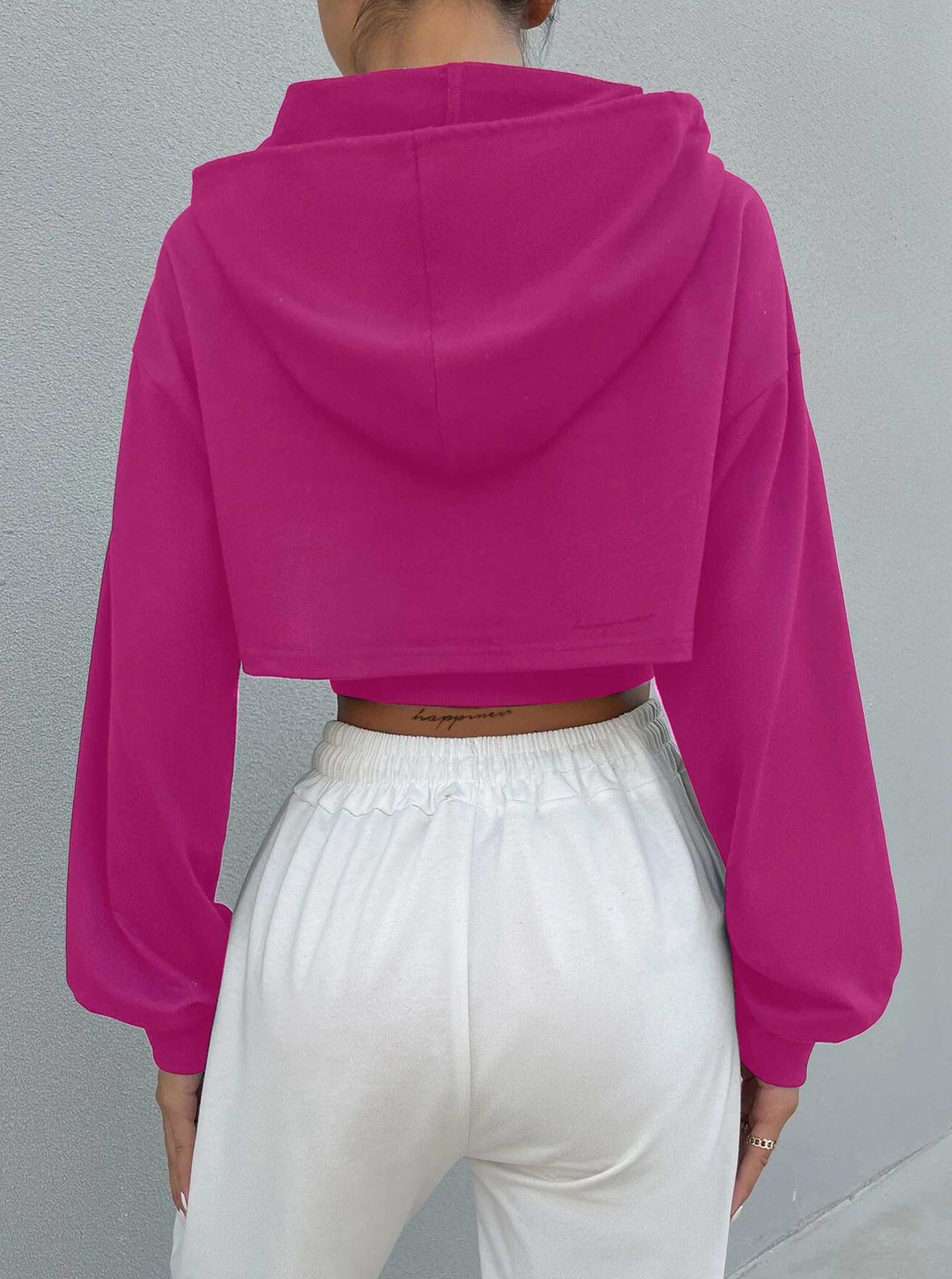 Hilinker Women's Long Sleeve Cropped Hoodie Workout Drawstring Super Crop Tops without Camisole: Small Hot Pink