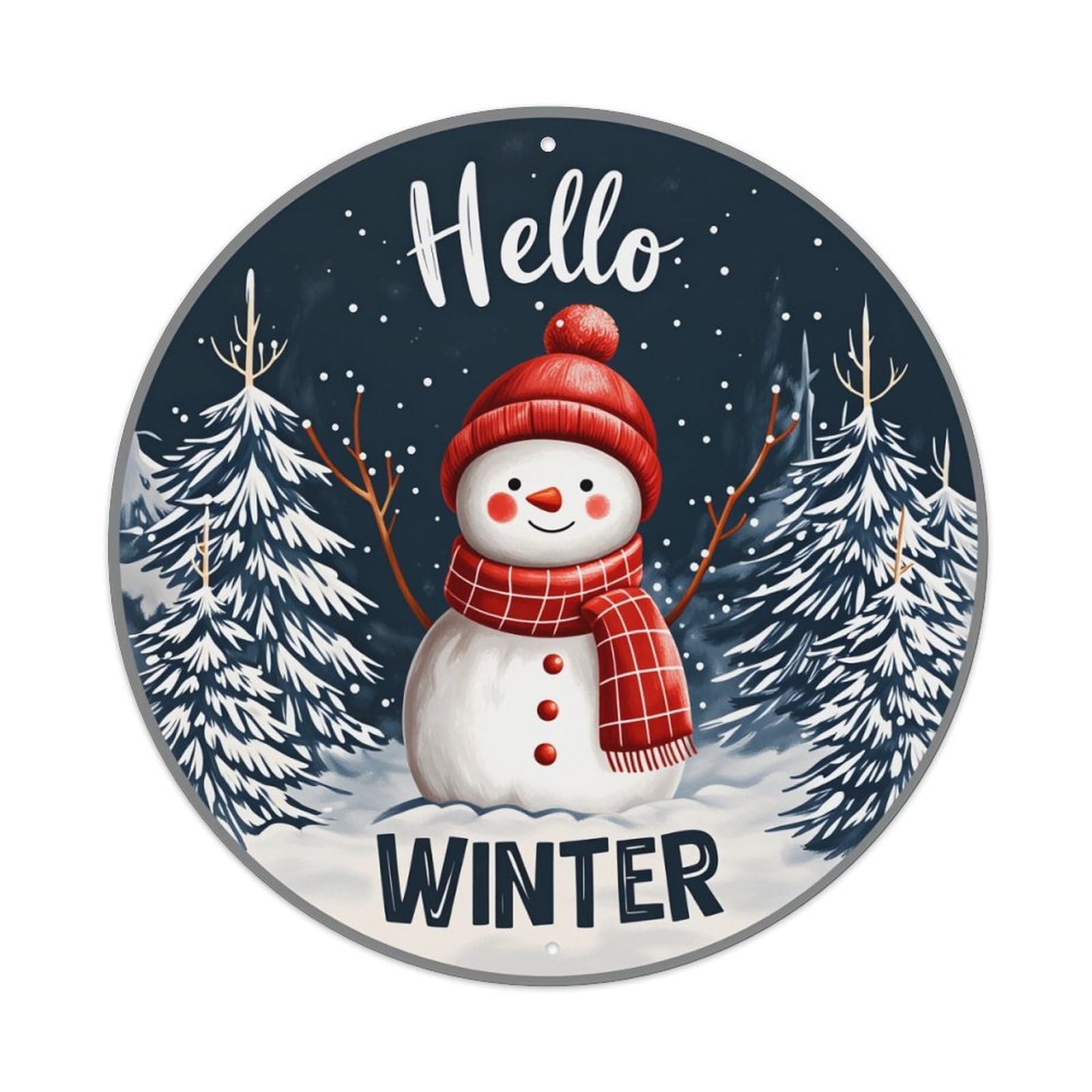 Snowman Winter Forest Night Hello Round Tin Sign Vintage Metal Poster Retro Bar, Home, Man Cave, Kitchen, Laundry Room Wall Art Decor Gift 8x8In