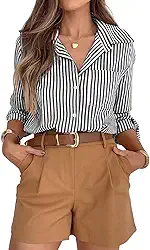 Camisas listradas de botão para mulheres, camisas sociais de manga comprida, gola casual, para trabalho de escritório com bolso