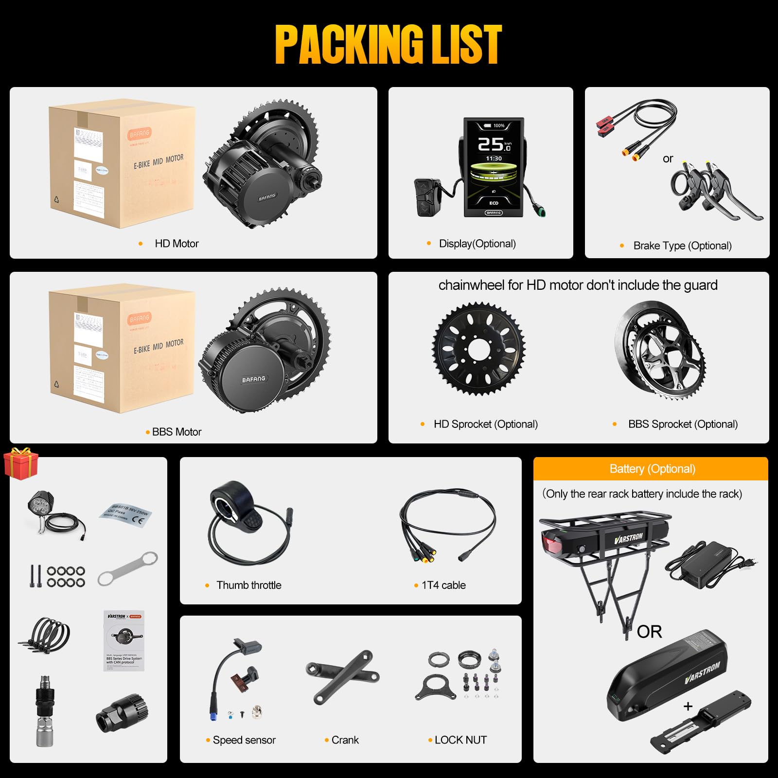 BAFANG Kit Conversione Bicicleta Electrica Mid Drive BBS01B BBS02B BBS-HD con Display & Batteria Opzionali, per BB 68-73/100 /120MM, Kit Electrico Bicicleta 250W