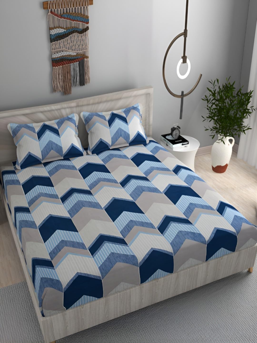 DECOMIZER Cotton Feel Glace Cotton Elastic Fitted Printed King Size Double Bed Bedsheet With 2 Pillow Coverm Fits Upto 8 Inches Mattress,Size- 72X78X10 Inches,Blue Up Arrow, 300 Tc