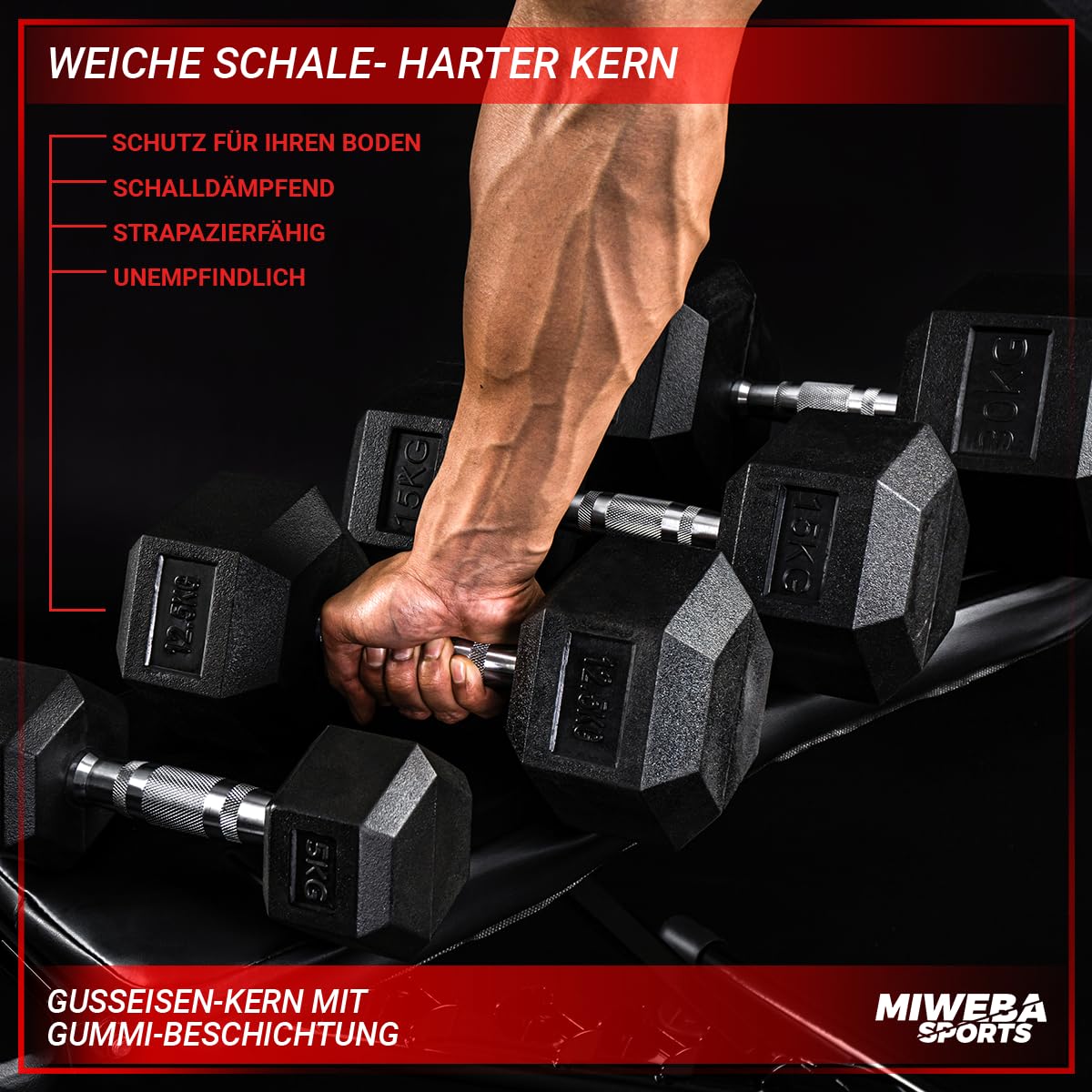 Miweba Sports Hexagon Hanteln HGH100 | 2,5-30kg - 𝐏𝐫𝐨𝐟𝐢 Hantel - Hantelset - Kurzhanteln - Gusseisen - Ergonomischer Griff - Einzelhantel - Hantel Set - Dumbbell