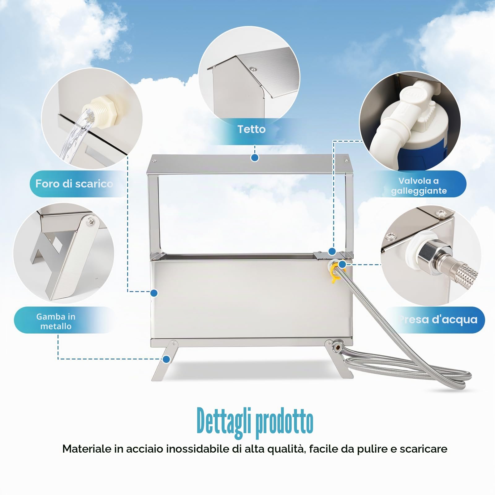 Abbeveratoio automatico per polli in acciaio inox, 9 l, distributore automatico di acqua per pollo, anatra, tacchino, piccione, quaglie con valvola galleggiante e tubo dell'acqua da 150 cm
