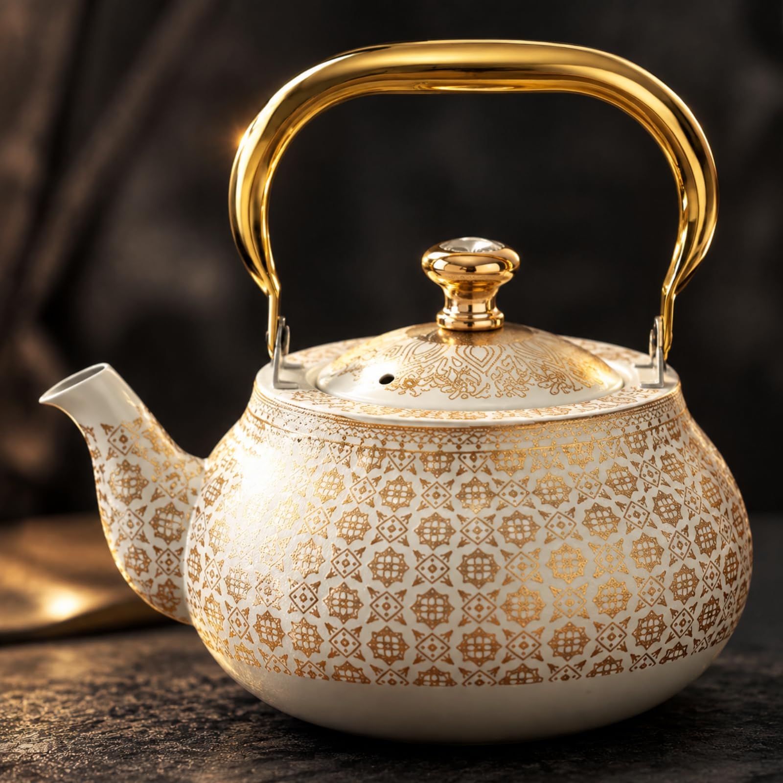 Tetera Acero Inoxidable con Filtro Té Integrado Acabado Horneado a Alta Temperatura y Asa Arqueada para Ceremonias Té y Uso Diario en Cocinas Elegantes, 1.5L