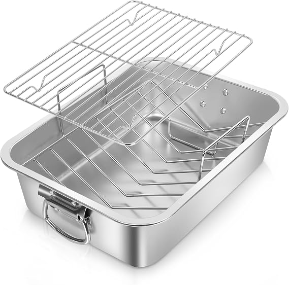 Roasting Pan,VBOYL 16 3-Piece Roasting Pan Set: Deep Pan + Flat & V-Racks. Ideal for Turkey, Chicken, Veggies, Lasagna. Heavy-Duty, Non-toxic, Easy Clean, Dishwasher Safe.