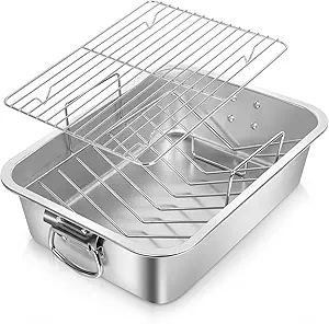 Roasting Pan,VBOYL 16" 3-Piece Roasting Pan Set: Deep Pan + Flat & V-Racks. Ideal for Turkey, Chicken, Veggies, Lasagna. Heavy-Duty, Non-toxic, Easy Clean, Dishwasher Safe.