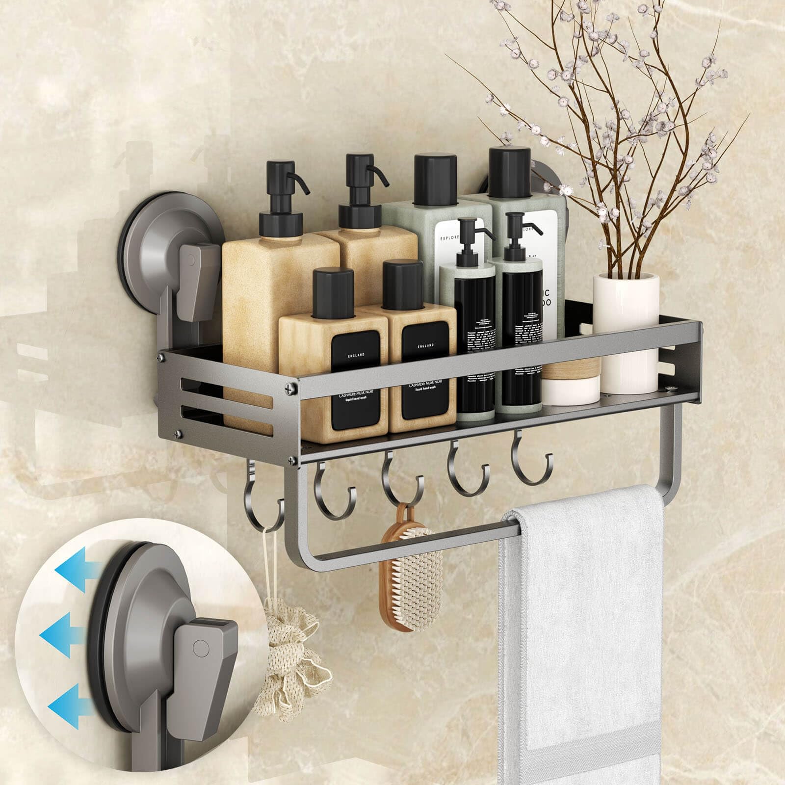 Onemake Shower Caddy Suction Cup 1 Pack 11 8 inch Aluminum Suction Showers Organizer with Towel Bar Hooks