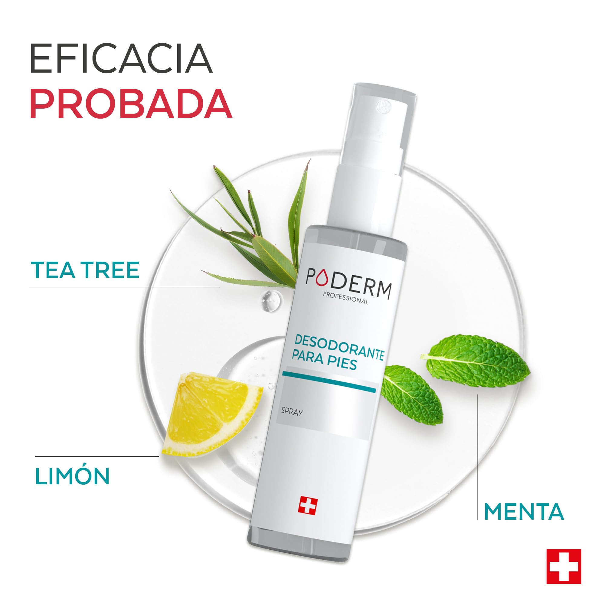 PODERM Spray Desodorante Anti Olor - 50 ML | Árbol de Té, Menta y Limón | Ayuda a Regular la Transpiración y Proporciona una Sensación de Frescura | Fácil & Rápido | Creado por una Podóloga en Suiza