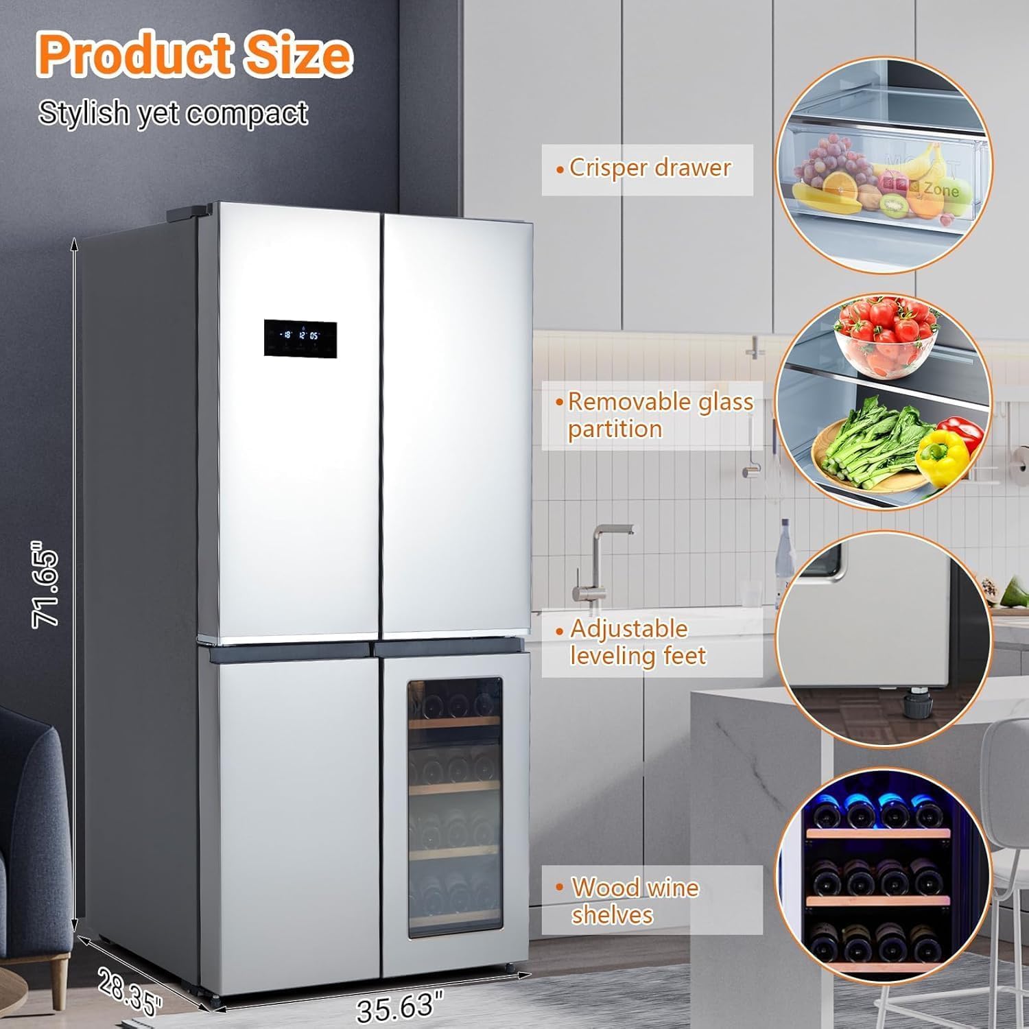 ExploreHorizon 36-inch French Door Refrigerator, 21 Cu.Ft. Counter-Depth 4-Door Design with Bottom Freezer & Wine Storage, Stainless Steel Kitchen Refrigerator with Adjustable Shelves on Fridge.com