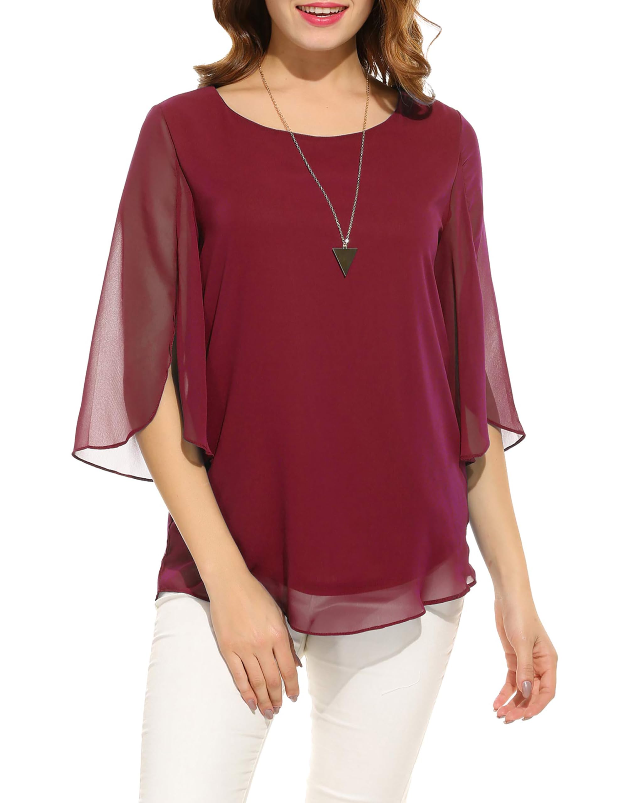 Timuspo Damen Chiffon Bluse Halbärmel Tunika Lässige Oberteile Blusenshirt Basic Tops Weinrot,M