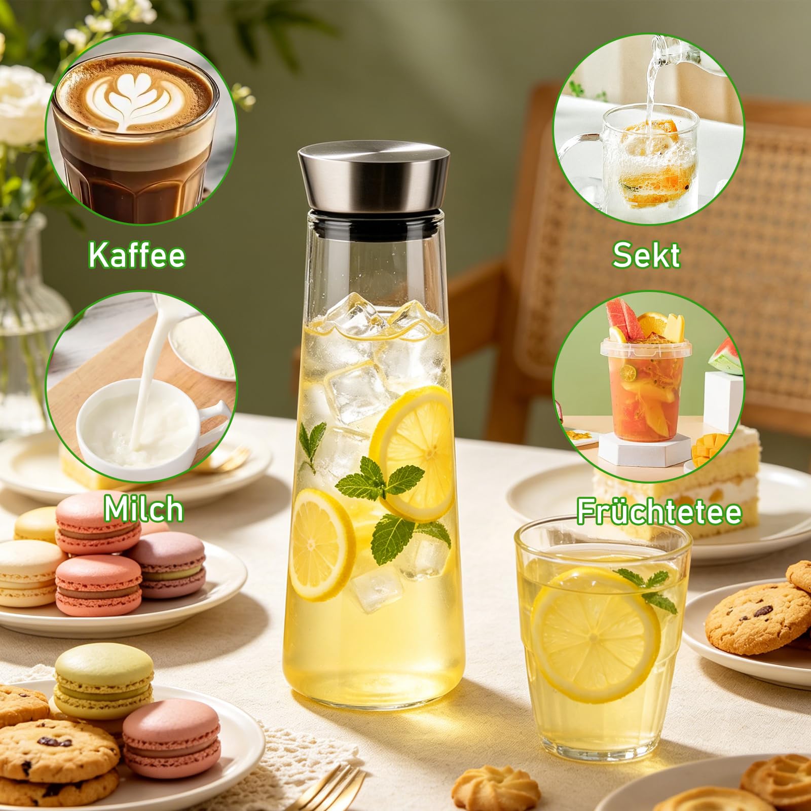 2 caraffe per acqua in vetro da 1500 ml con coperchio in acciaio inox, caraffa in vetro con coperchio da 1,5 l, caraffa per acqua con beccuccio, caraffa per acqua in vetro per bevande fatte in