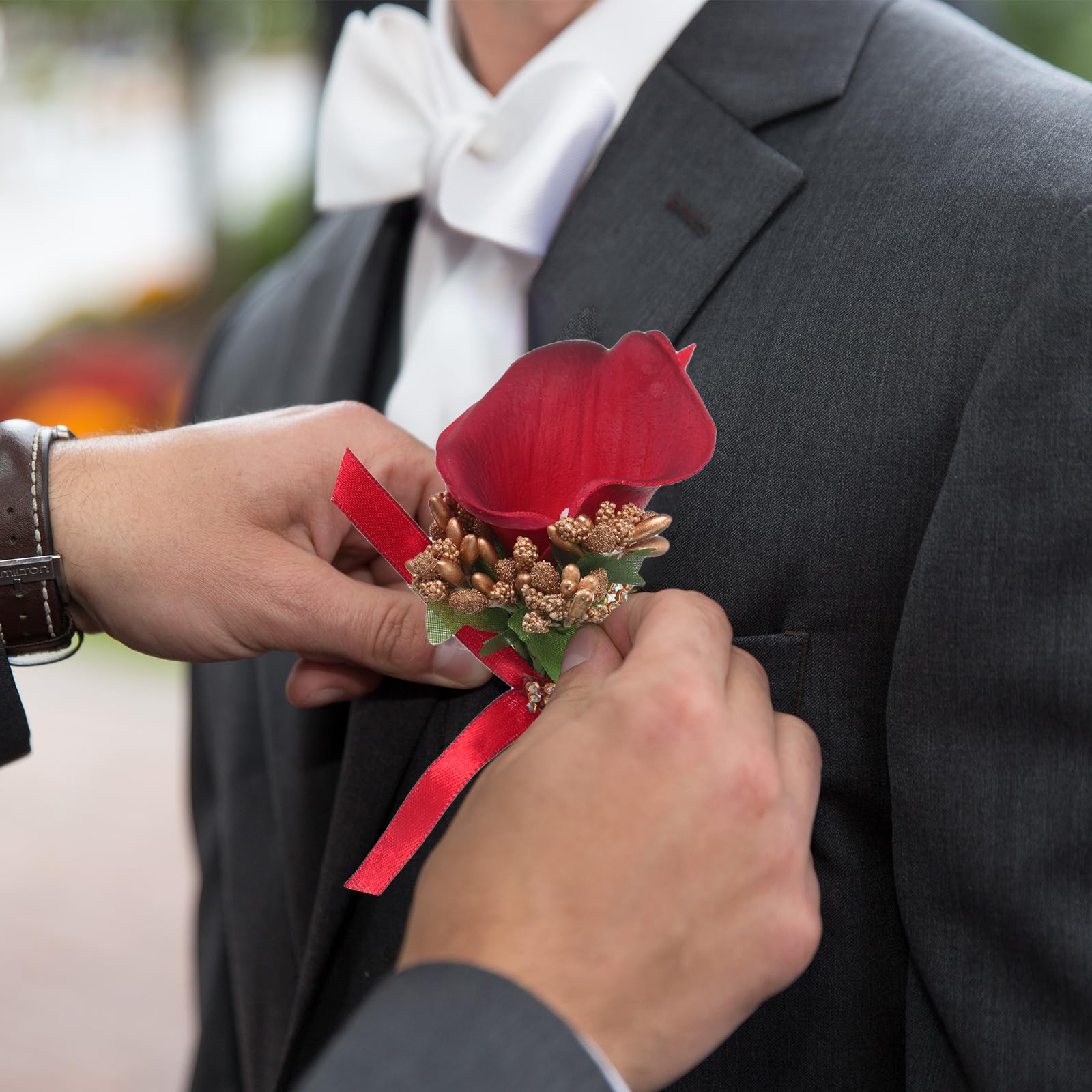 PATIKIL Calla Lily Boutonnieres for Men 2 Pack Handmade Groom Groomsmen Boutonnieres Corsages with Pins for Wedding Ceremony Anniversary Party Prom Purple-Red - Image 4