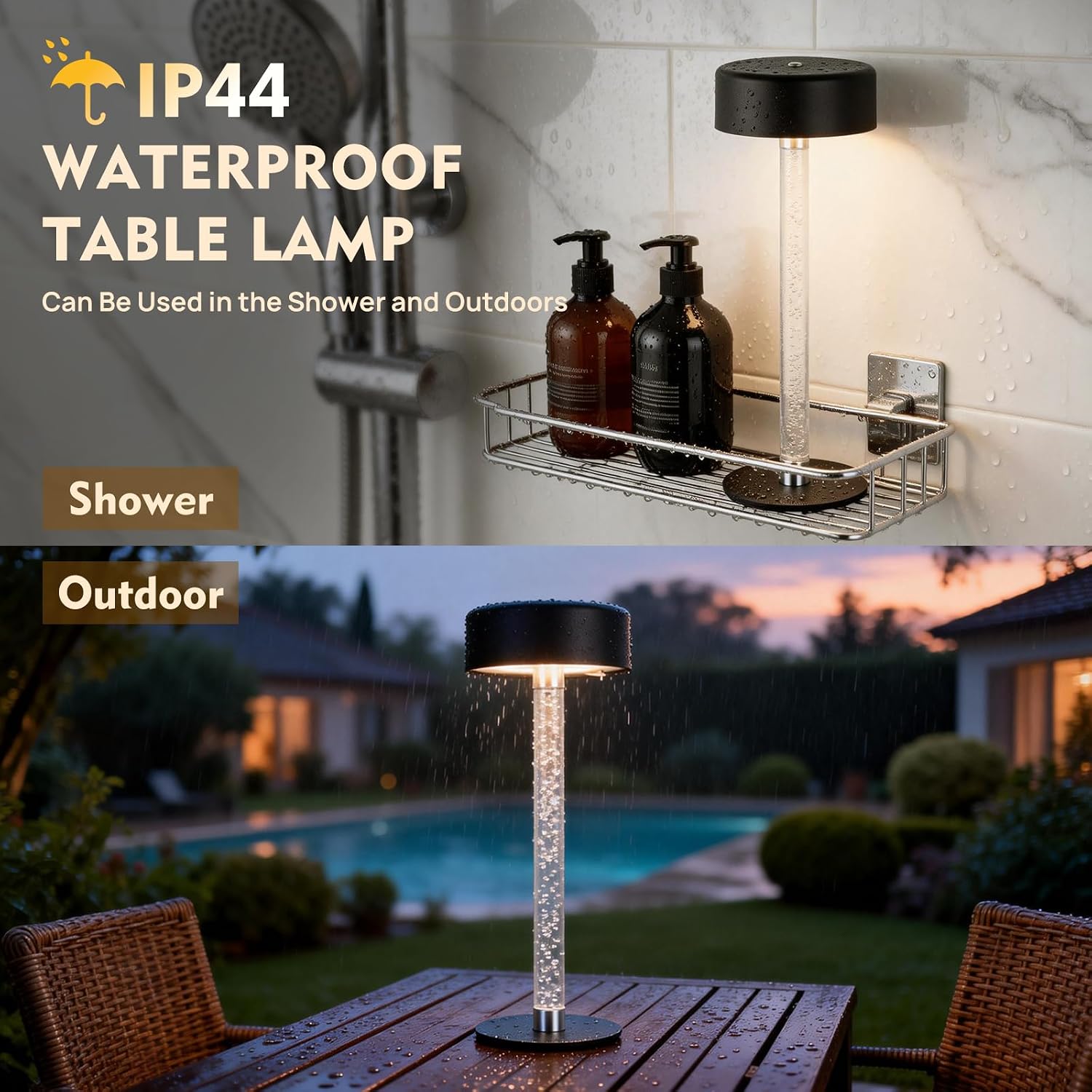 Waterproof Shower Rechargeable Lamp Cordless, LED Touch Battery Operated Table Lamp, Dimmable, Modern Home Decor, Outdoor, Patio, Bathroom, Bedroom, Bedside, Kitchen, Black
