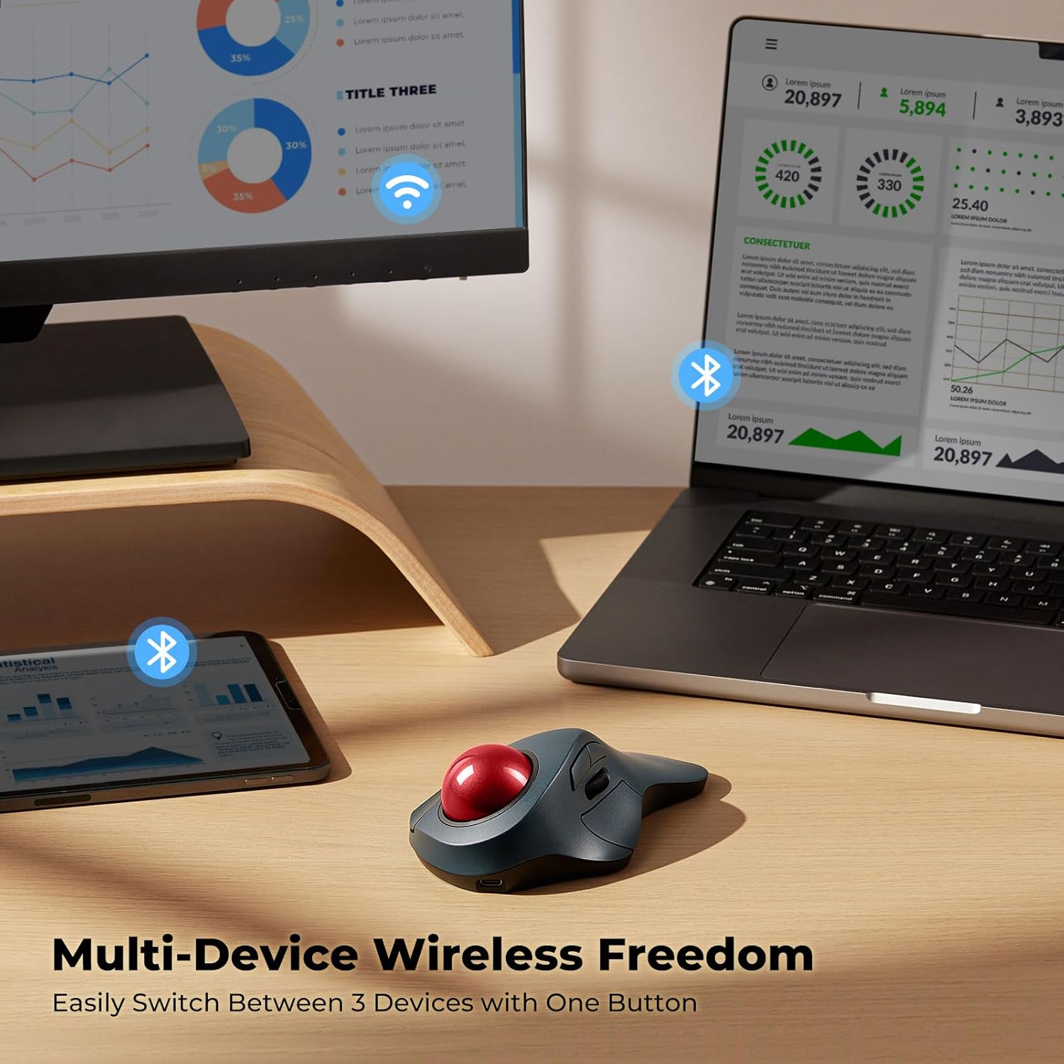 Wireless Trackball Mouse for Large Hands, Ergonomic Index Finger Control, Rechargeable Bluetooth/USB Mouse with Precise Smooth Tracking, Multi-Device Connection for Windows & Mac, Red