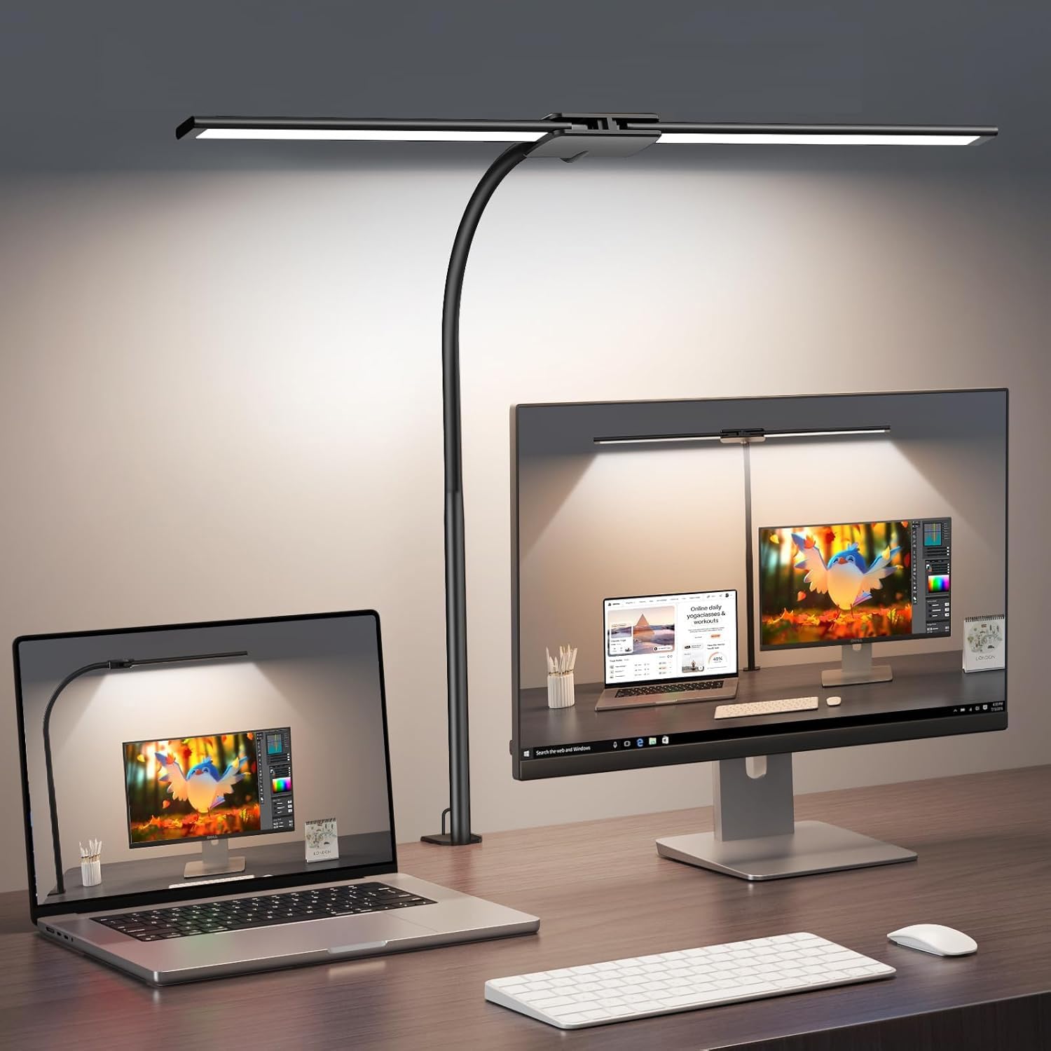 BROLAVIYA Overhead LED 2 Head Dimmable Desk Aluminium Frame Lamp Extra-Long Height Light with Multi-Angle Rotation,3 Lighting Modes for Home, Office, Desktop,Bedroom, Reading,etc