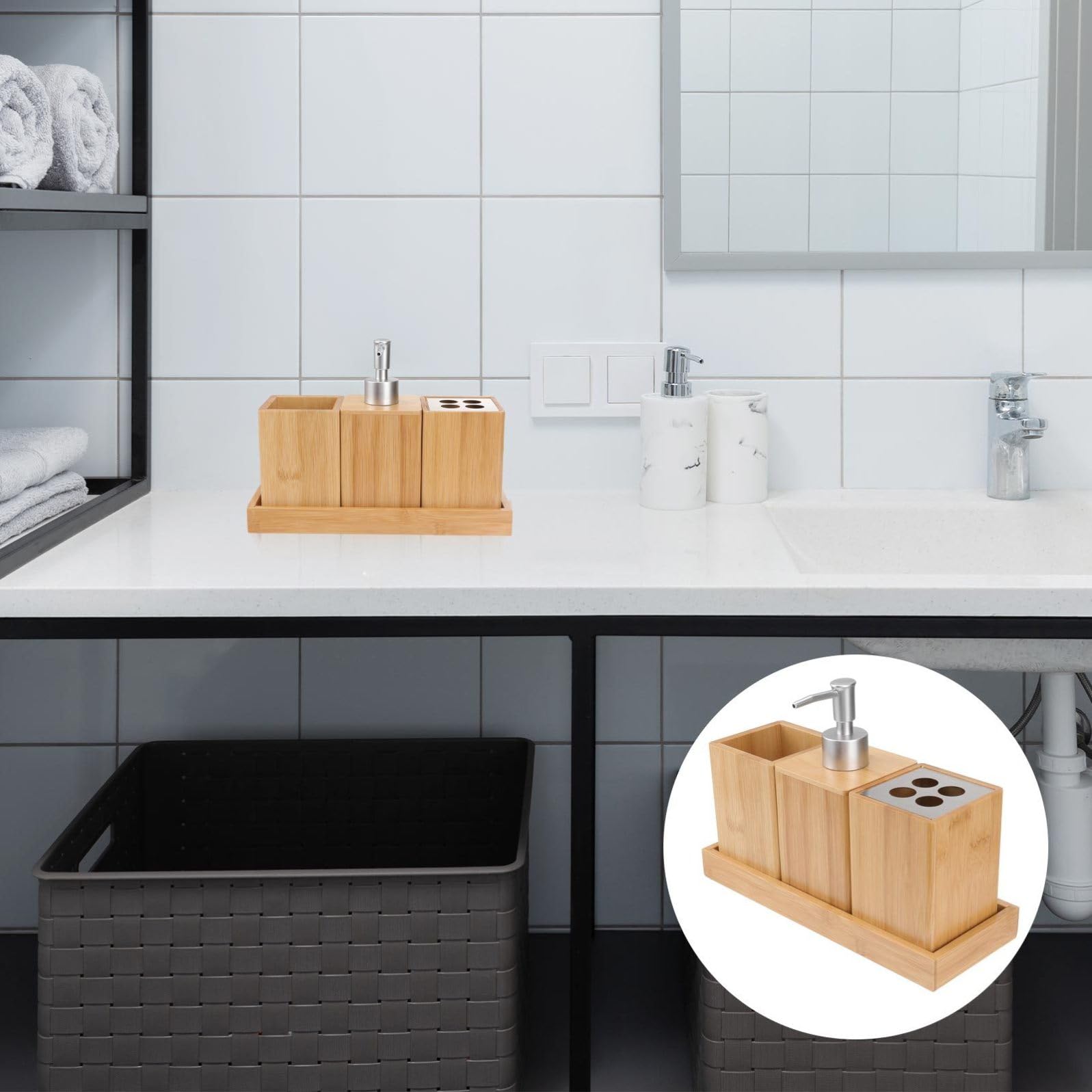 Set Accessori Bagno 4 Pezzi in Bamboo Wood per Lavabo | Ceramico e Marrone, Argento, Design Pratico e Stabile, Organizzazione del Piano Bagno