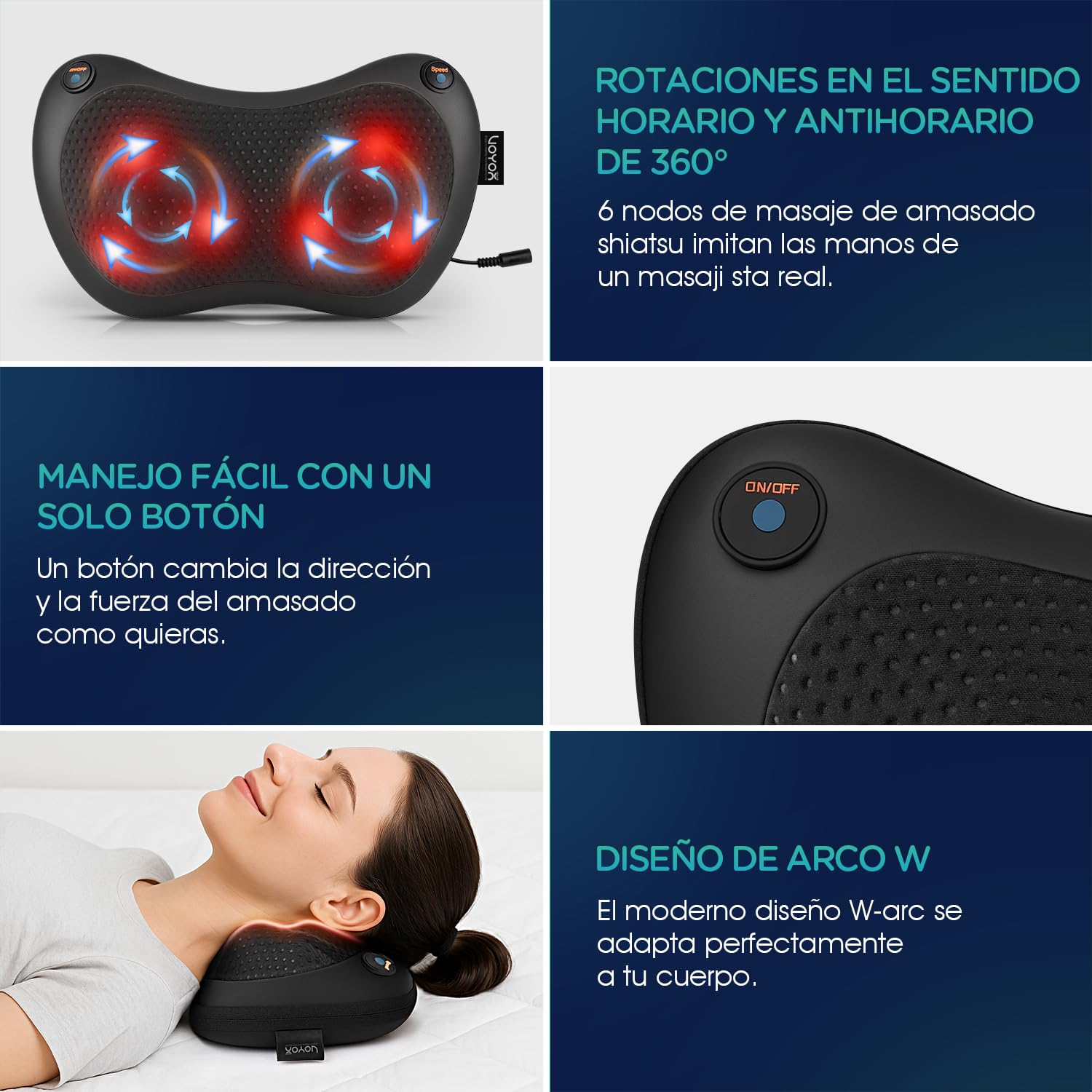 Cojín de Masaje Shiatsu，Masajeador de Cuello Espalda con Calor, Masajeador de Amasado de Tejido Giratorio 3D，3 Velocidades Incluye Cinturón de Extensión,Casa, Oficina, Coche (Negro)