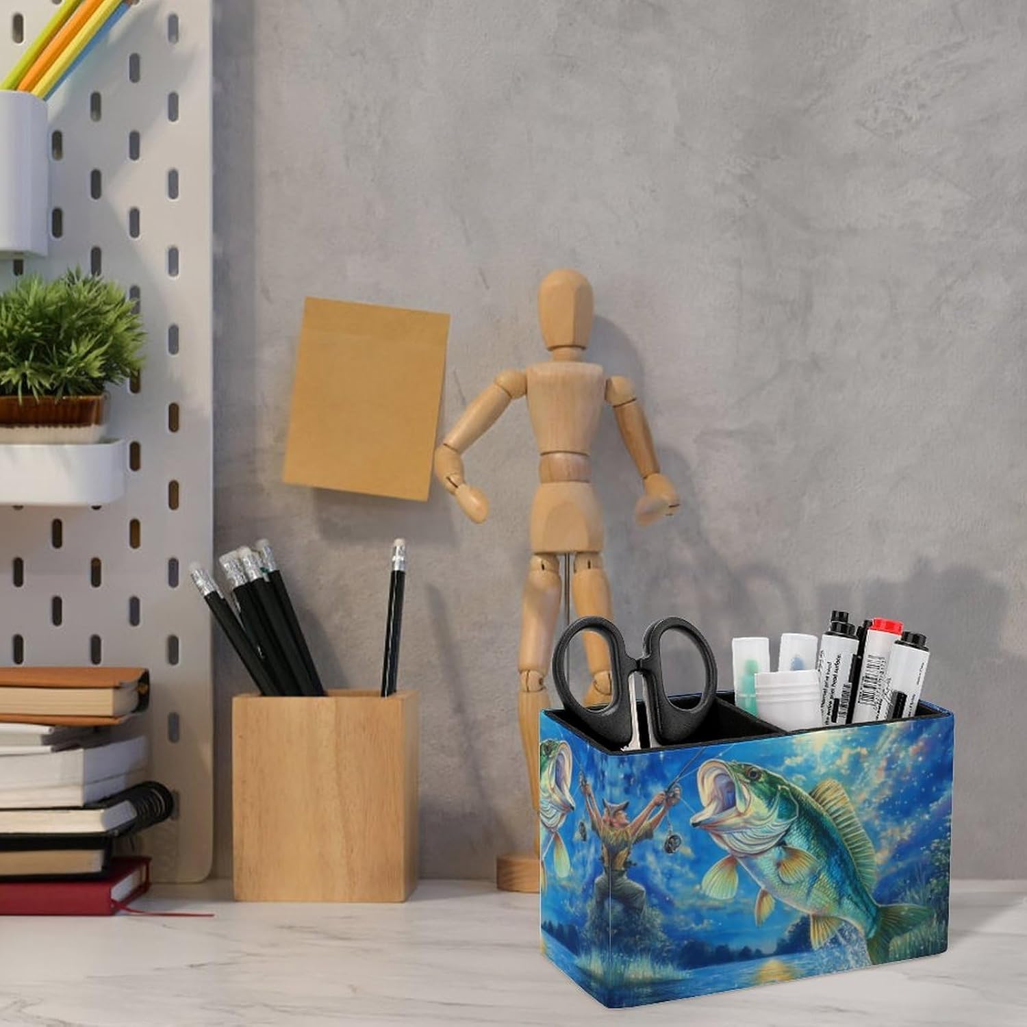 Bass Fishing Pencil Pen Holder PU Leather Desk Storage Organizer Makeup Brush Box