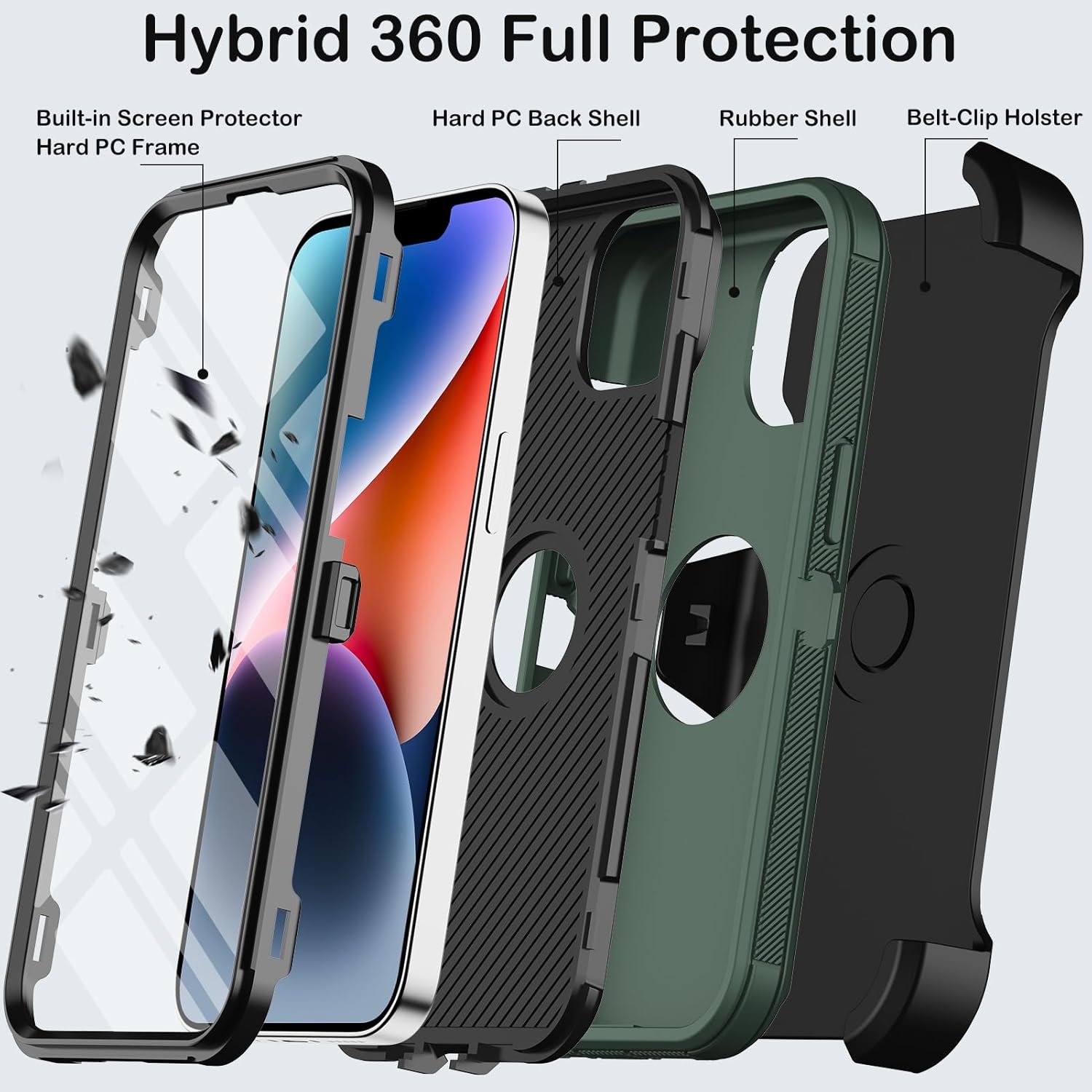 for iPhone 14 Plus Case with Belt Clip Holster,Built-in Screen Protector,Heavy Duty Shockproof Drop Protection Military Grade Rugged Phone Cover with Kickstand for Apple 14Plus 6.7"(Deep Green) - Image 3