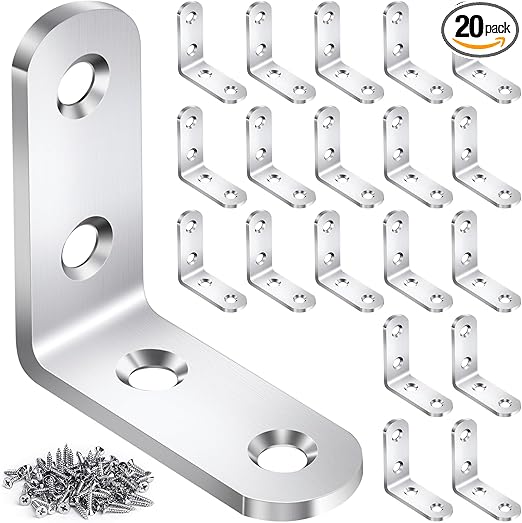 20PCS L Bracket Corner Brace Sets, Stainless Steel L Brackets for Wood Shelves, 90 Degree Right Angle Bracket with 80 Screws, Metal Corner Brackets for Furniture Cabinet Drawer Chair (1.57x1.57 in)