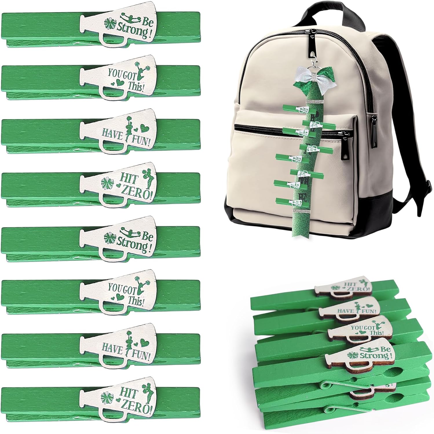 28PCS Green Cheer Pins Spirit Clips Clothes Pin for Backpacks Cheerleader Gifts Craft DIY, Wooden Glitter Cheer Pins for Gift Team Accessories Party Favors Ribbon Decor Supplies Cheer Stuff