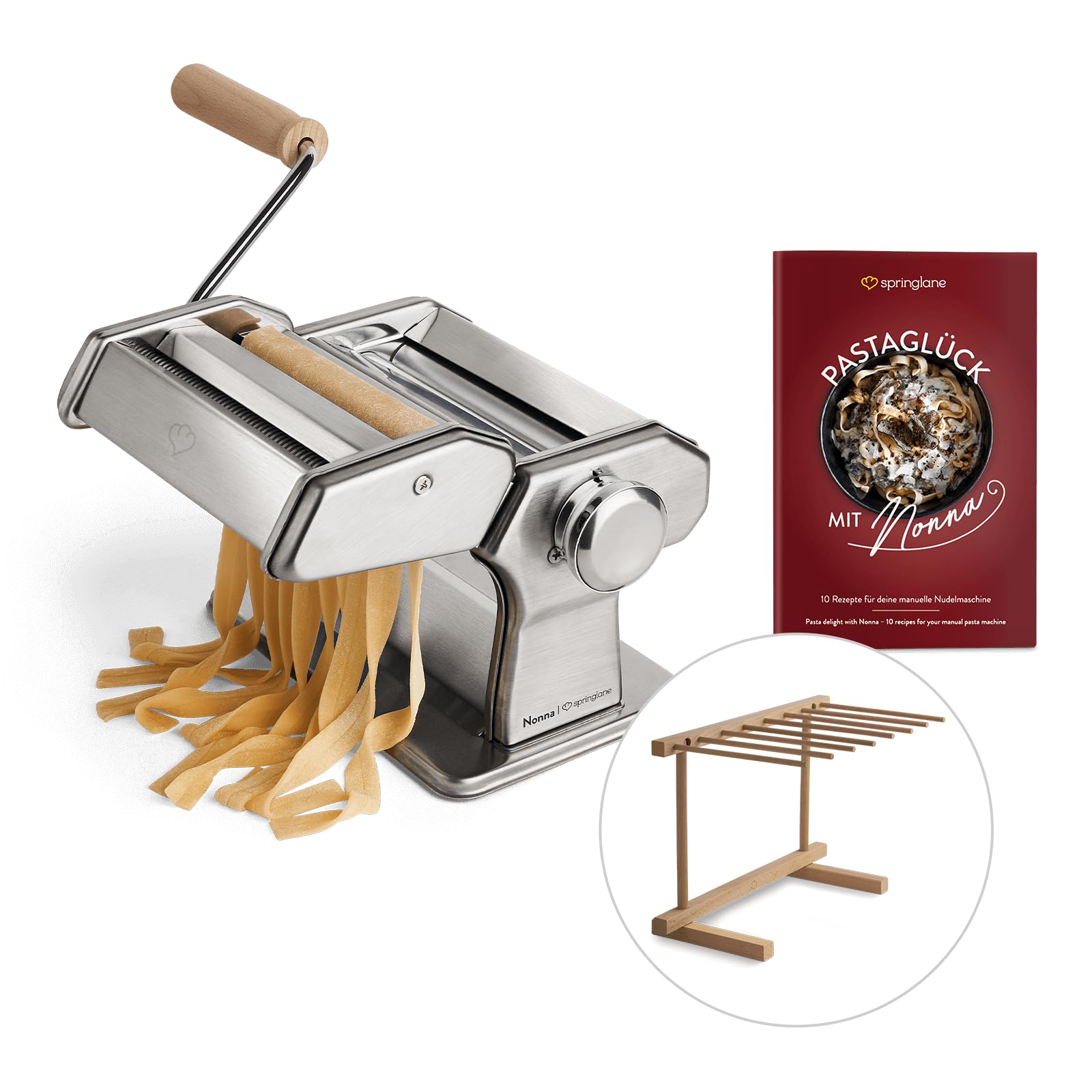 Manual Noodle Machine Nonna, Stainless Steel, Pasta Maker incl. Recipe Booklet, Pasta Dryer & 3 Cutting attachments for Spaghetti, Lasagna, tagliatelle - Classic Ease