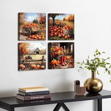 Fall Wall Art Rustic Country Pumpkin Wall Decor Old Barn Pictures for Living Room Watercolor Autumn Nature Landscape Canvas Print Farmhouse Maple Tree Artwork Kitchen Bedroom Home Decoration 12x12