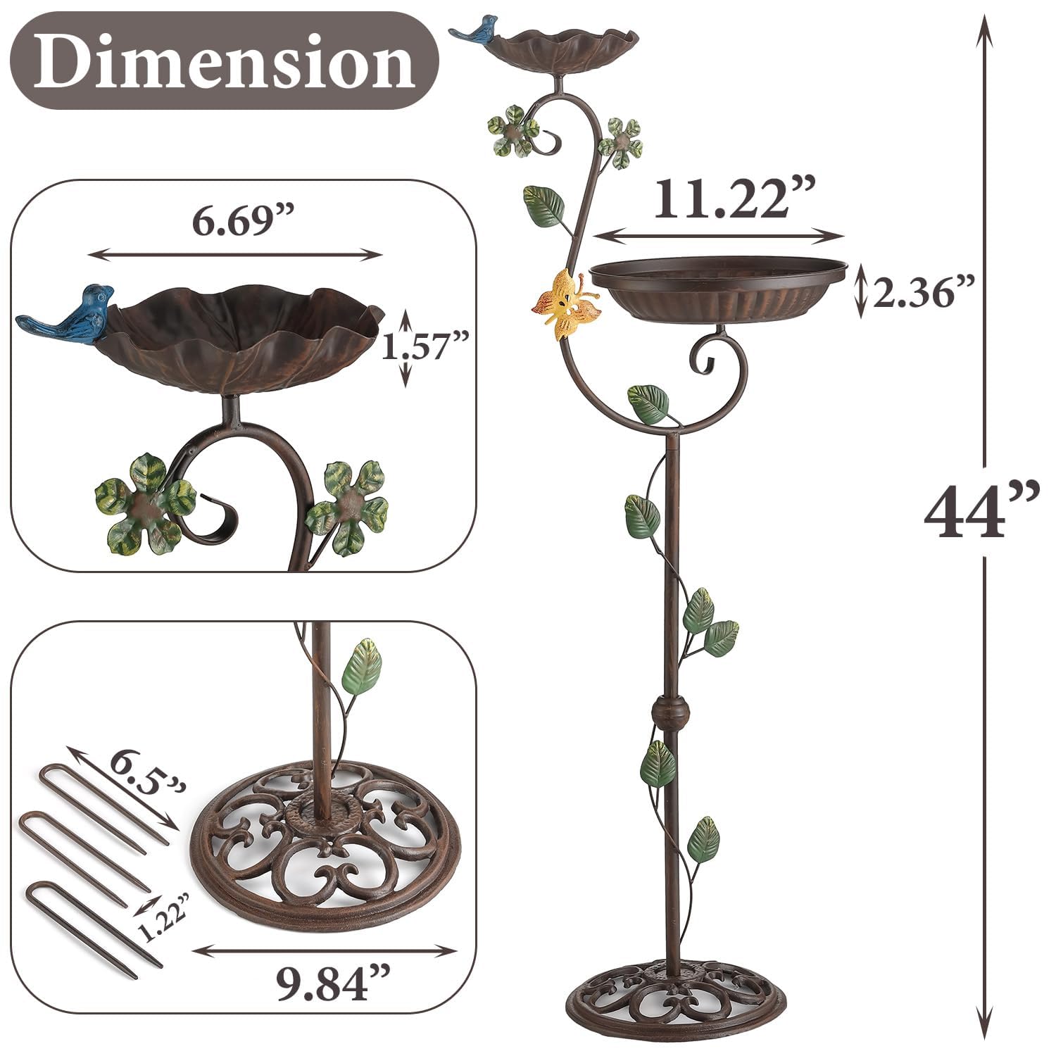 Vogeltränke aus Metall für den Außenbereich, 111,8 cm Höhe, Gusseisen, Podest, Vogeltränke und Futterspender, Vintage, robuste, robuste Vogeltränke, hohe Florale Akzente, Vogeltränke für