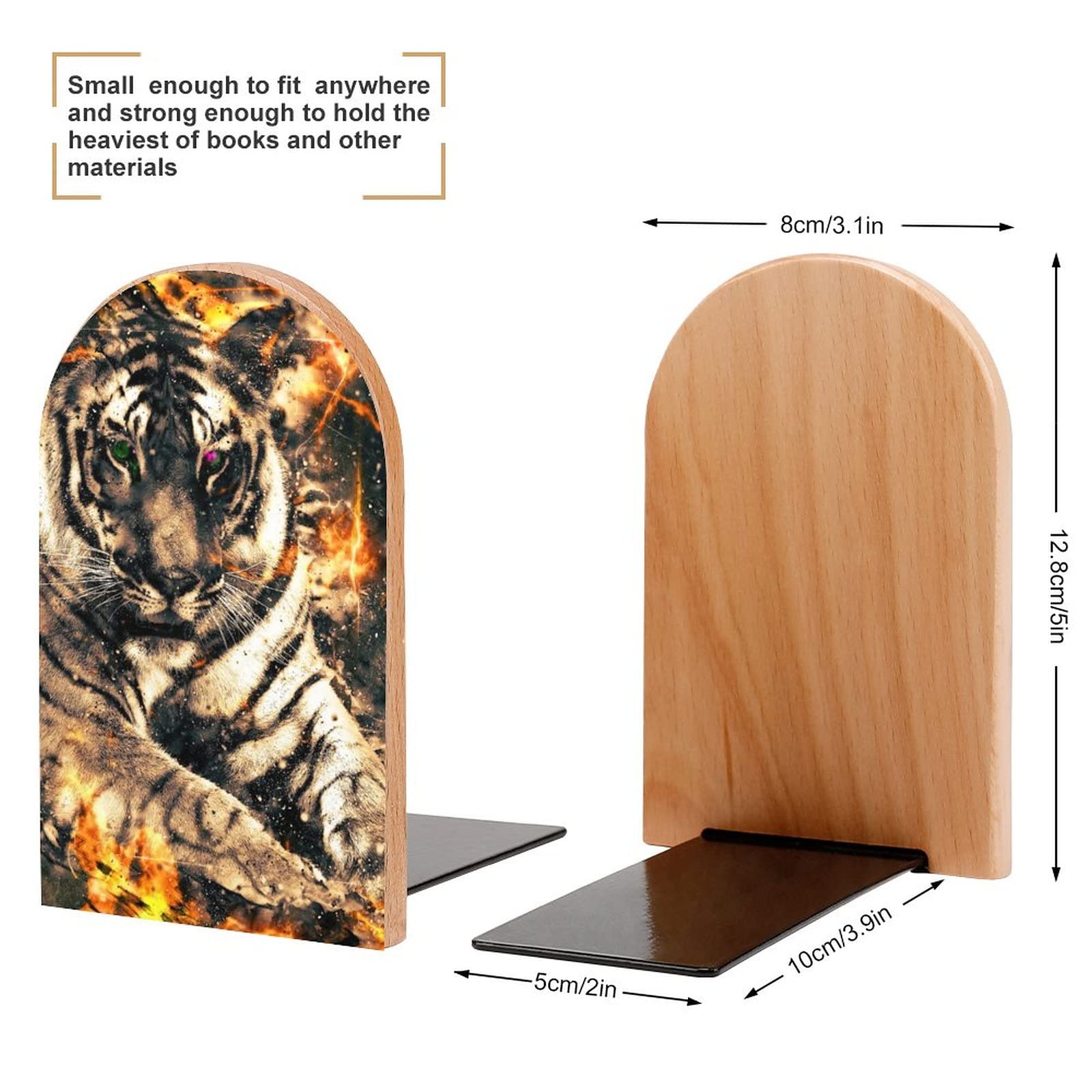 Tiger with Fire Small Wood Bookends Support Non-Slip Heavy Duty Shelves Book Stand for Office Home Kitchen Library