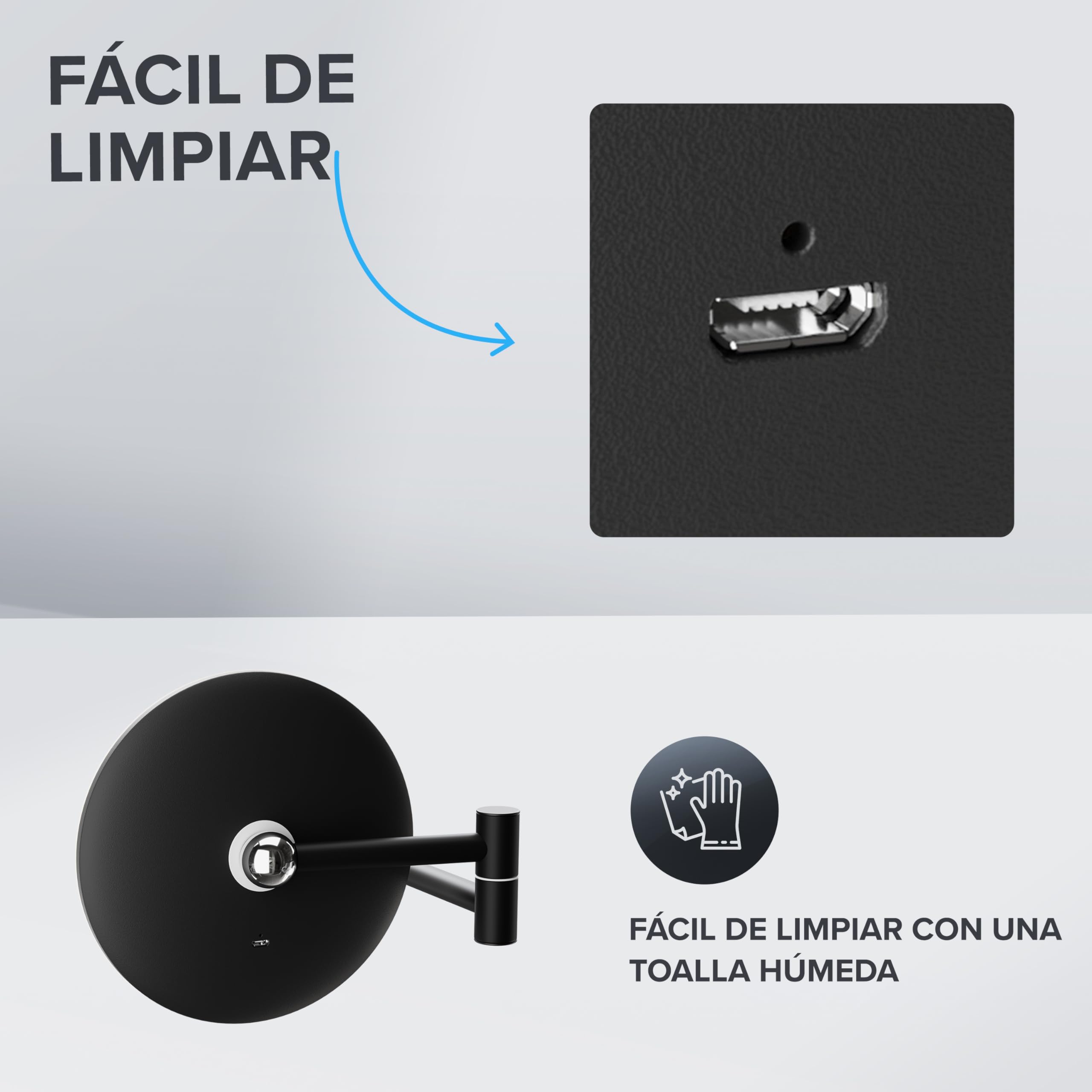ovimar Leinoya - Espejo cosmético con iluminación (recargable, montaje en pared sin agujeros, para el baño, 5 aumentos, 360 grados)