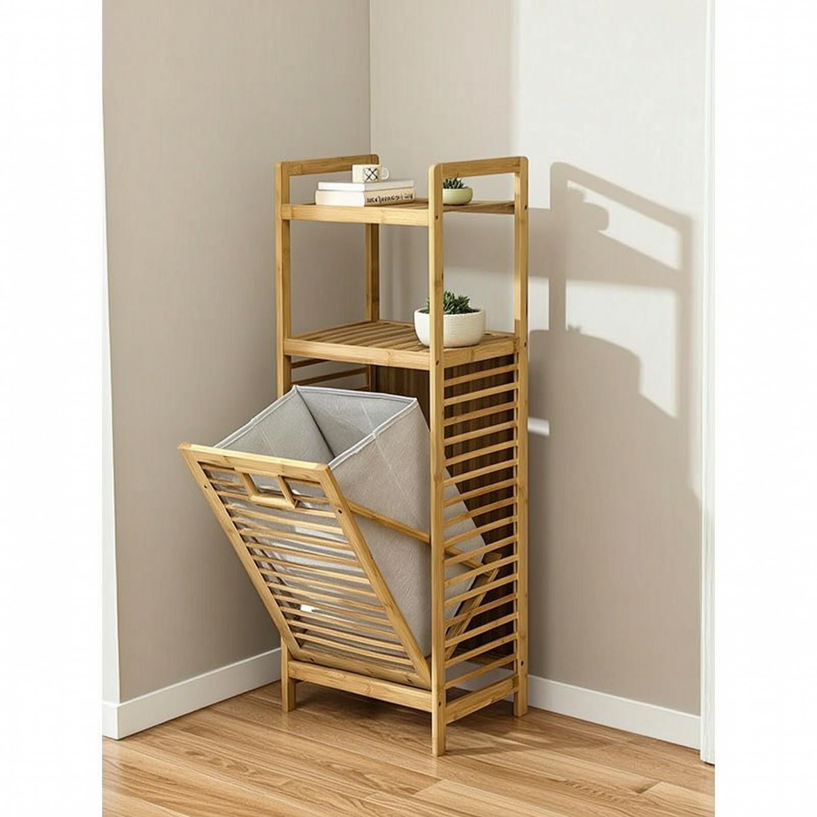 Cesta Porta Bucato Organizzatore Scaffalatura Portasciugamani Ripiano Portabiancheria Mobile Verticale in Bambù con Cesto Tilting Integrato per