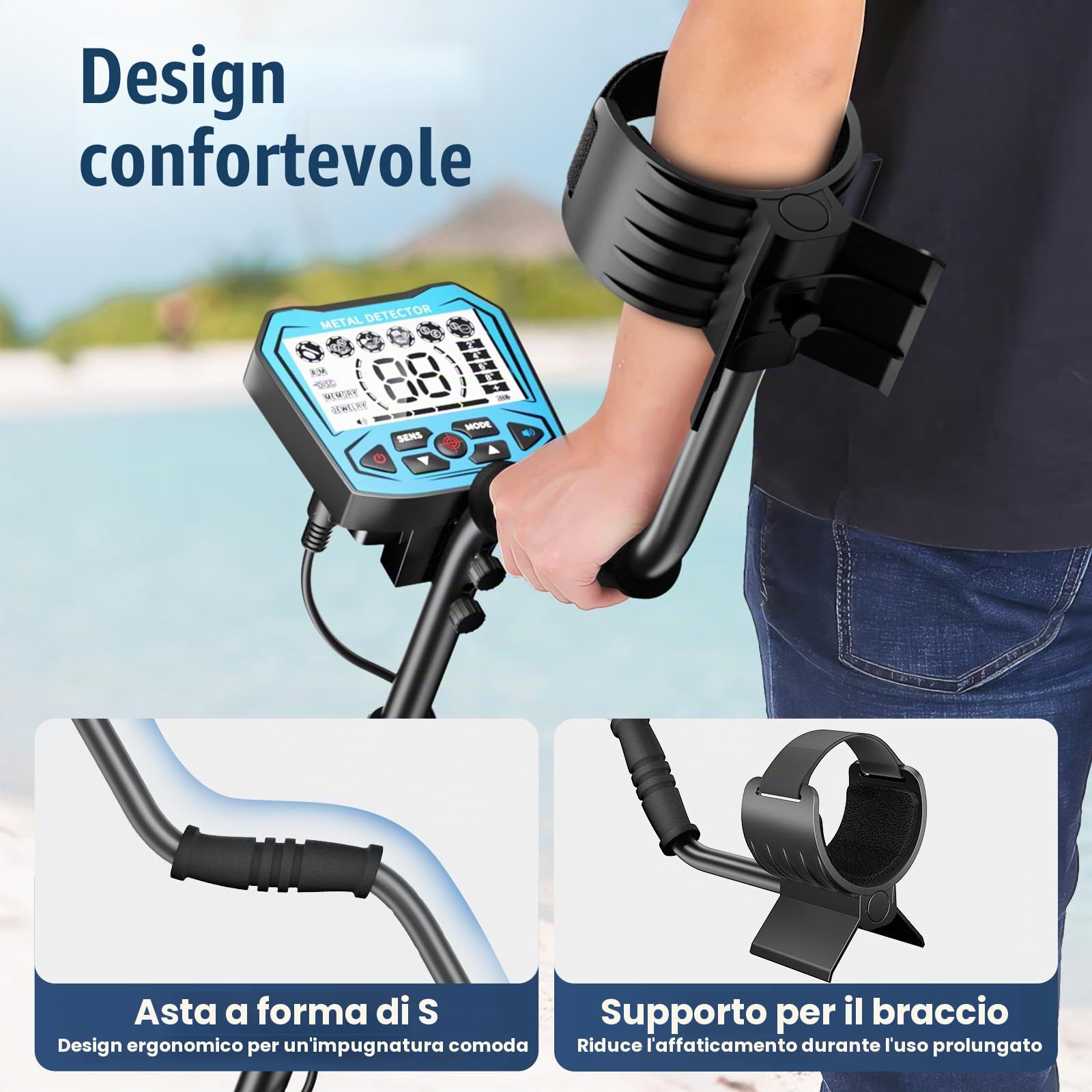 Metal detector professionale con 2 batterie, 5 modalità Metal detector per adulti e bambini, chip anti-interferenza, impermeabile IP68, alimentazione a batteria e USB (Azzurro)