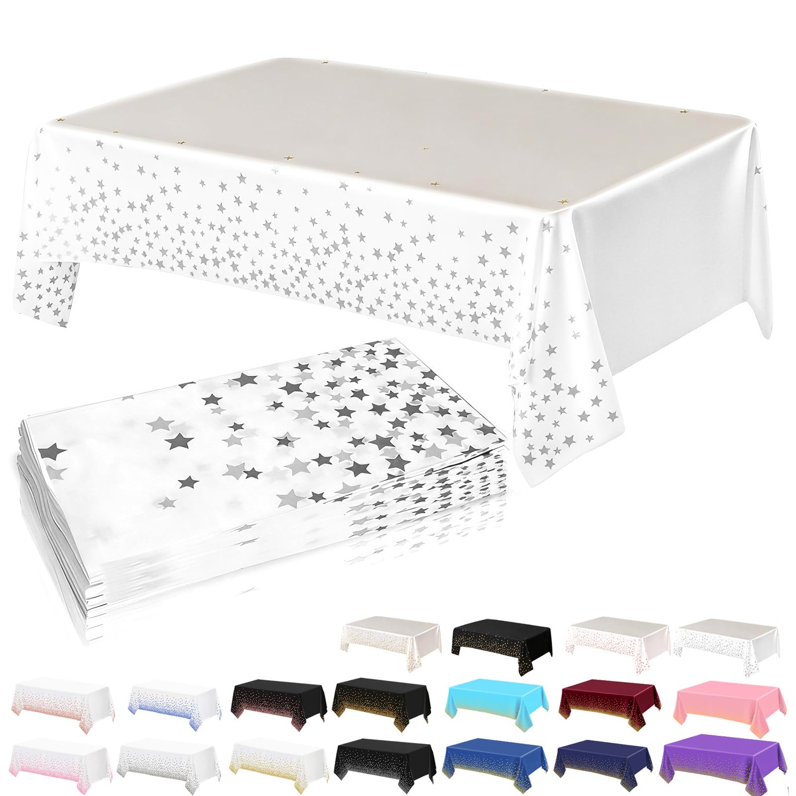 4Pack Plastic White and Silver Star Table Cloth Party for Rectangle Tables,137x274cm Decorative Paper Table Cloths for Parties Disposable Table Cover for Picnic,Baby Shower,Wedding,Birthday,Christmas
