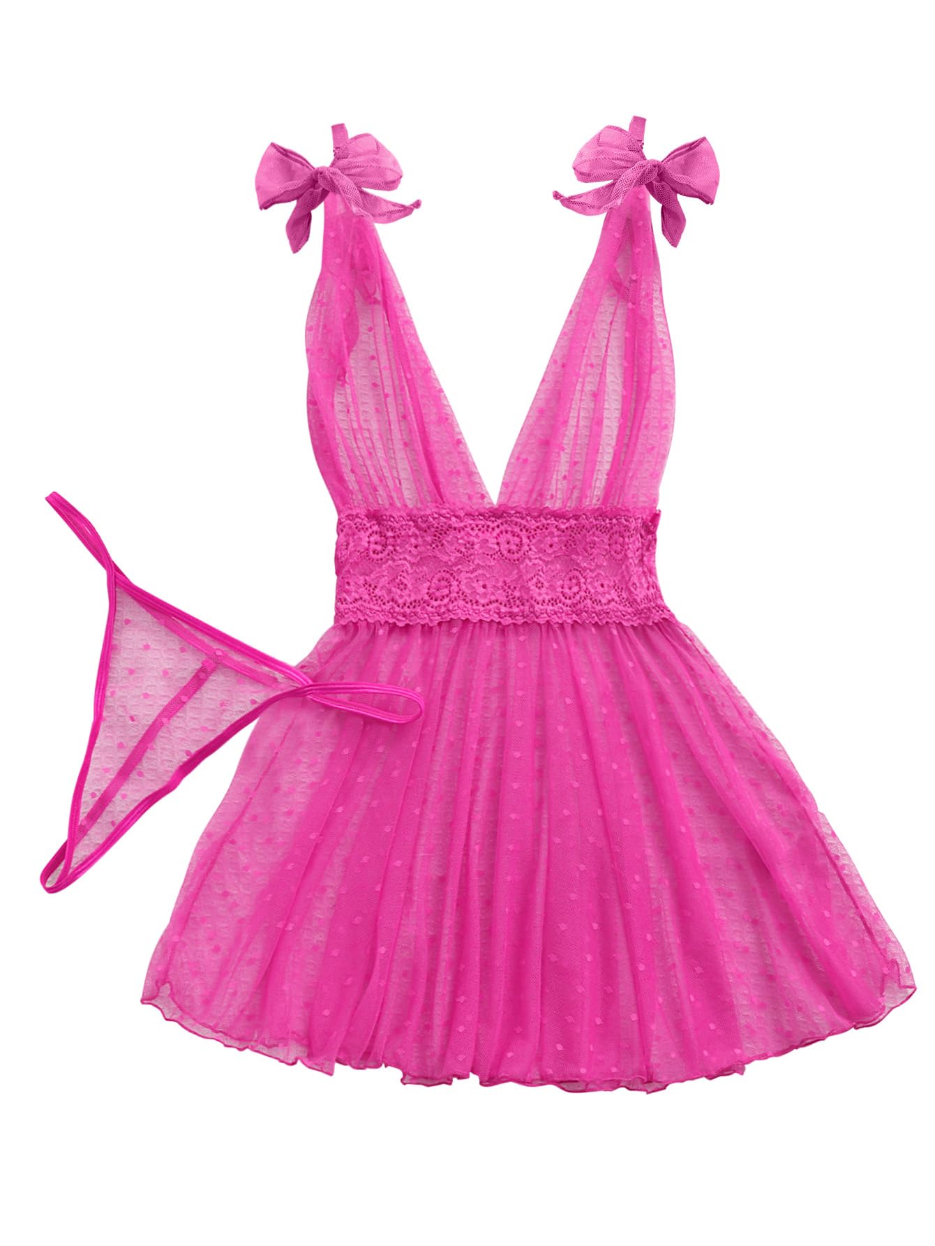 Lilosy Sexy Polka Dots Mesh Sheer Lace Babydoll Chemise Lingerie Set Floral Sleep Wear