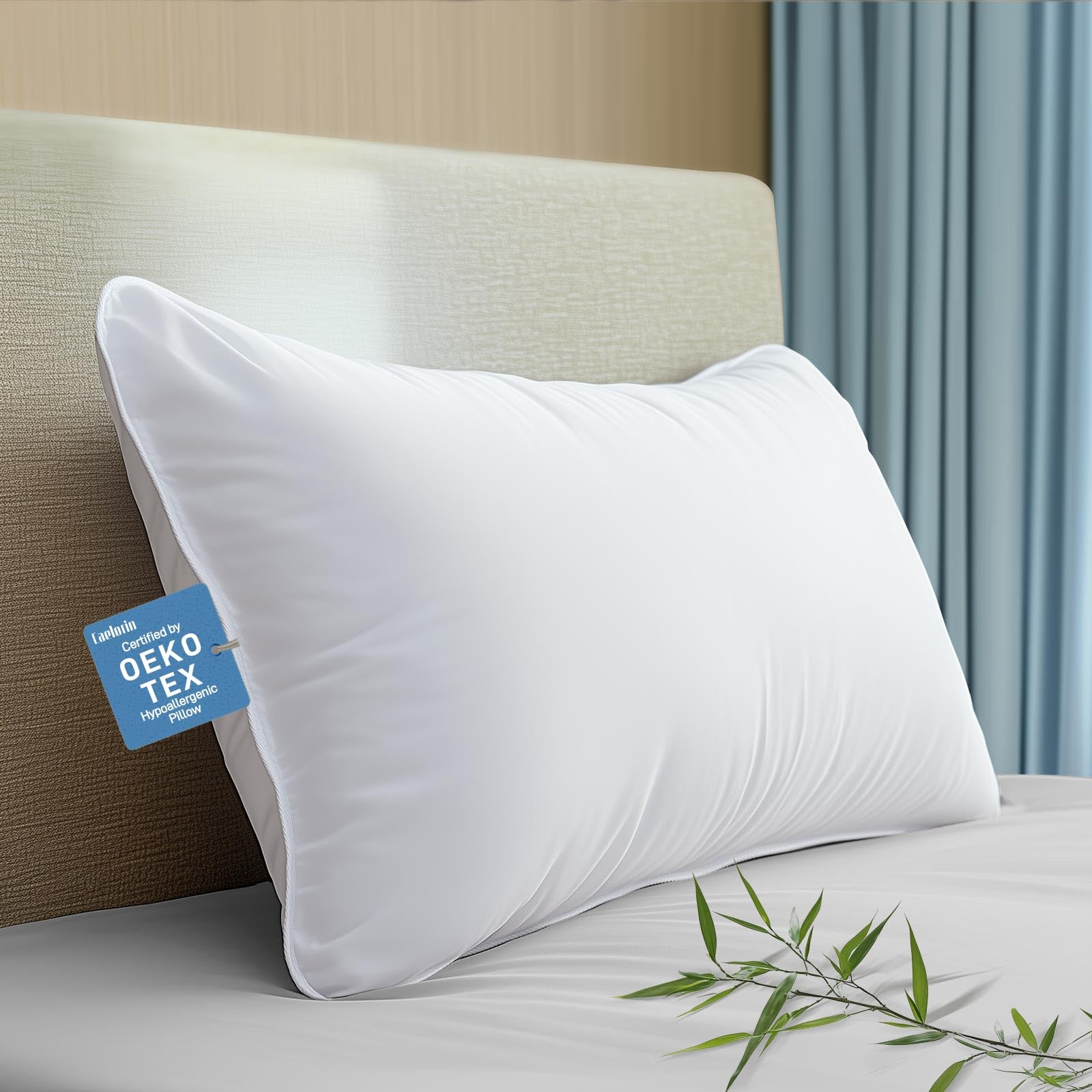 hypoallergenic bamboo viscose shell, soft standard/queen size bed pillow with down alternative filling, oeko-tex certified, luxury hotel quality for stomach, back and side sleepers