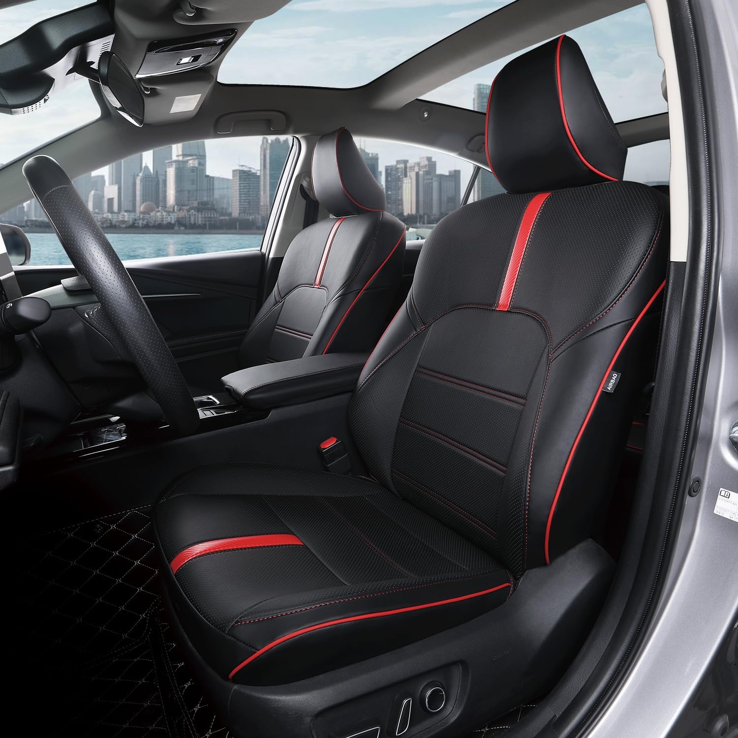 Custom Fit Seat Covers for 2025-2026 Toyota Camry Hybrid XLE XSE - Full Set Premium Waterproof Faux Leather Car Seat Protectors (Black+Red Line)