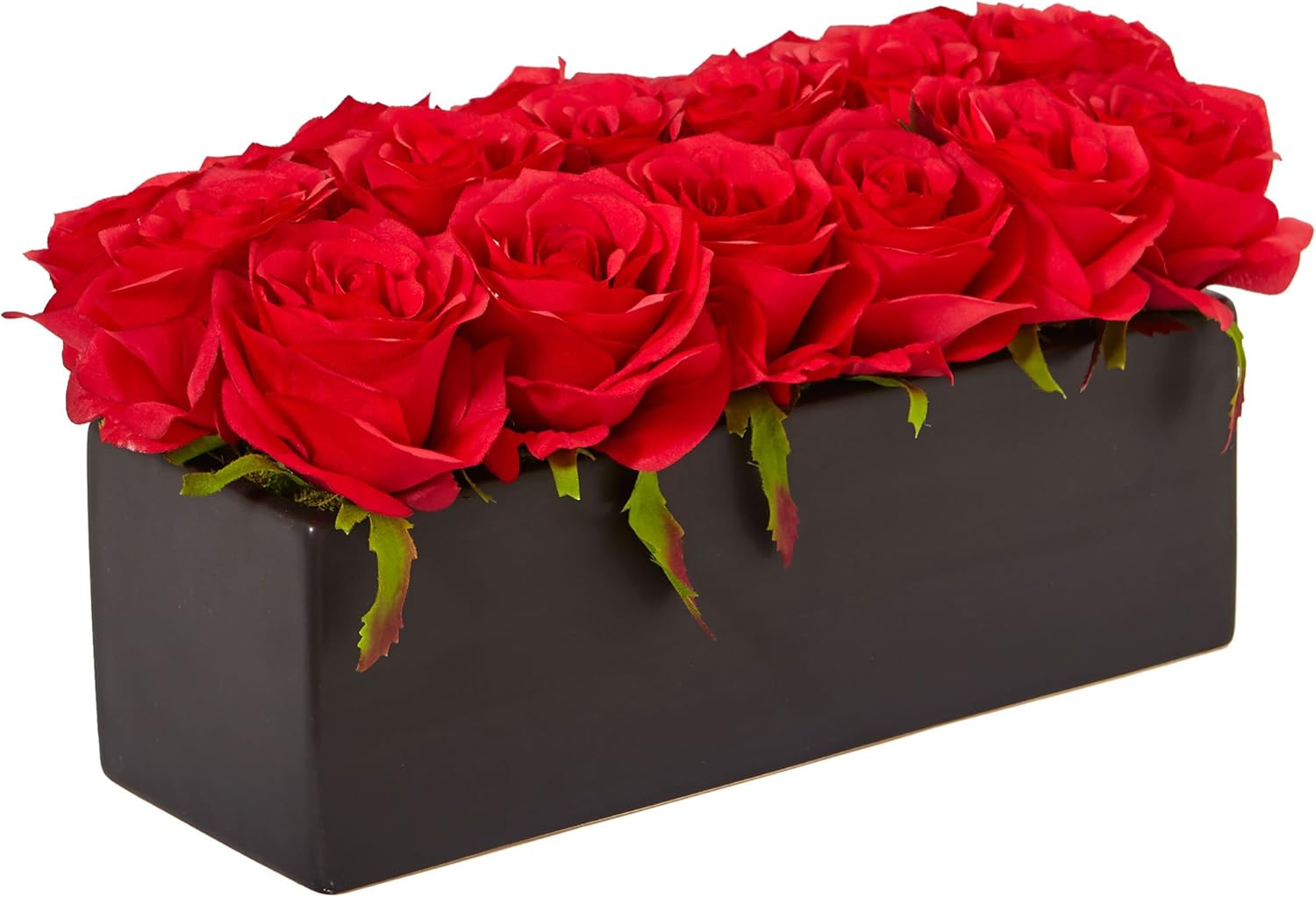 Nearly Natural Dozen Silk Roses in Ceramic Rectangular Planter