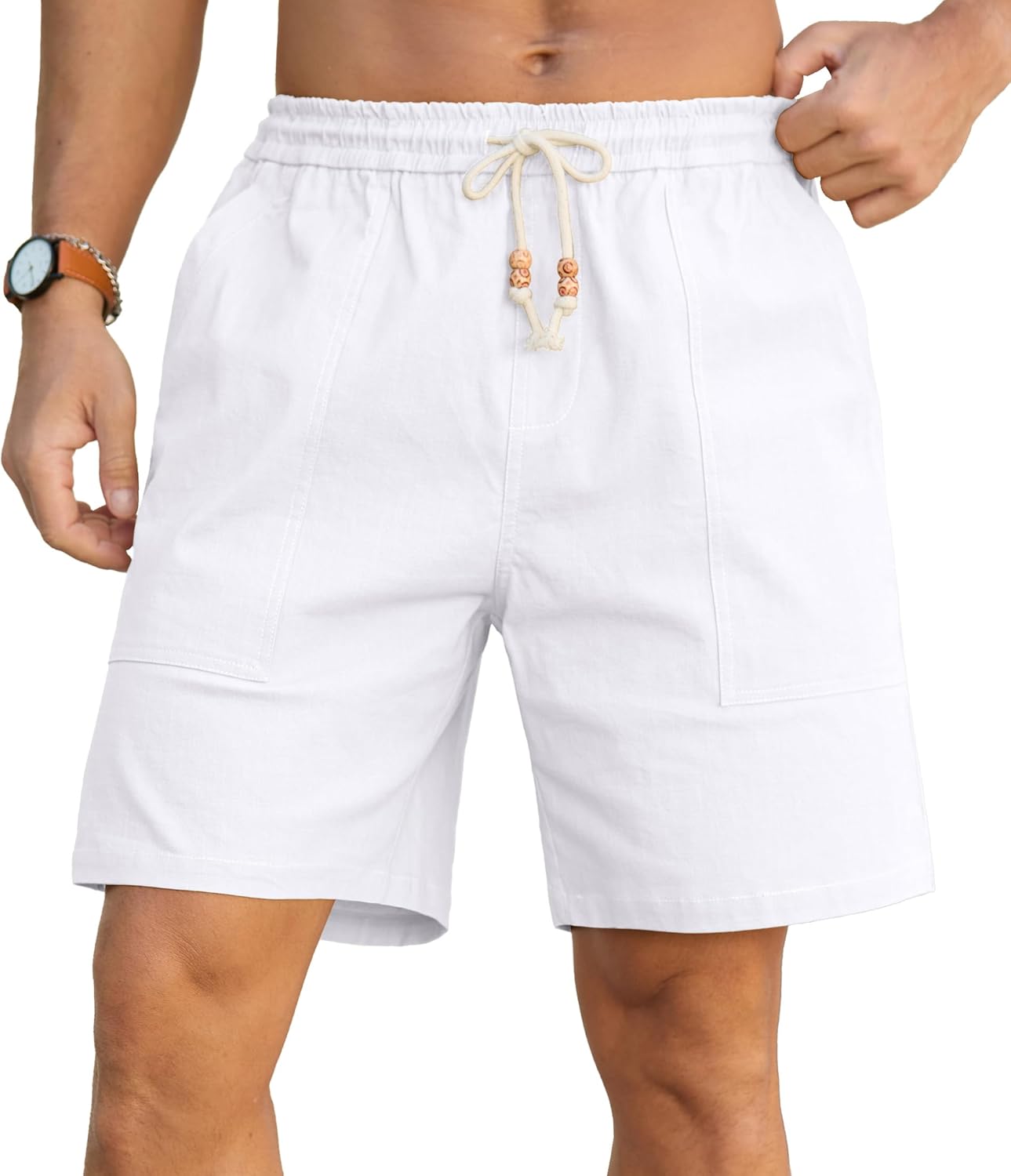 Sailwind Men's Linen Cotton Shorts 7" Elastic Waist Drawstring Casual Summer Beach Shorts - Image 6