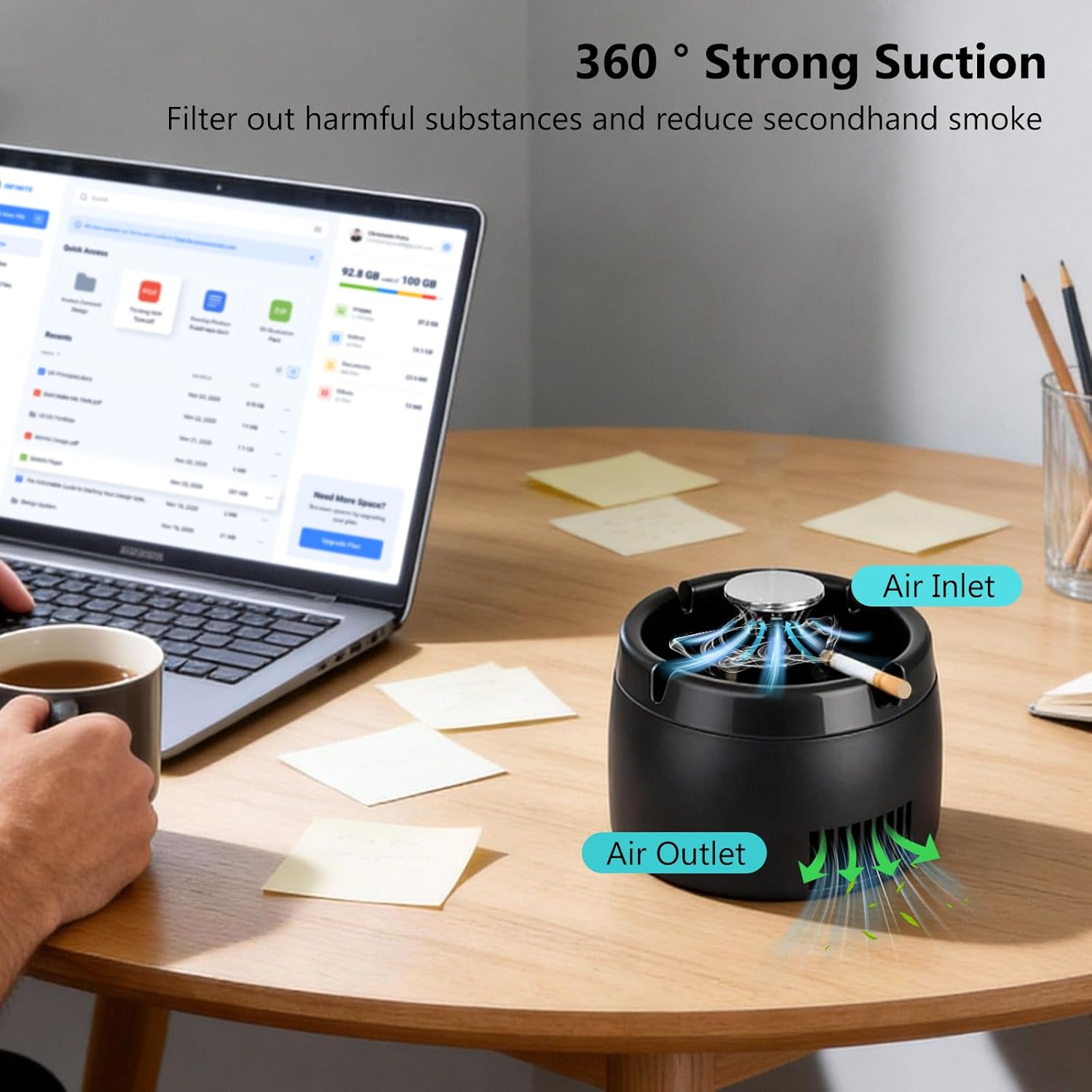 Smokeless Ashtray 2 in 1 Air Purifier Ashtray Smoke Removing Ash Tray Portable Smokeless Ashtrays USB Rechargeable Electric Ashtrays Indoor for Car Home and Office (Black)