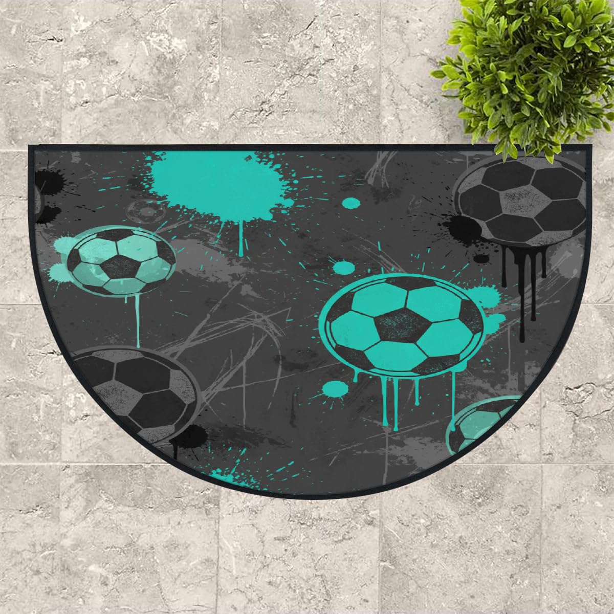 Große halbrunde Fußmatte, Fußball, rutschfest, saugfähig, halbrund, für Eingangsbereich, niedlich, weich, waschbar, halbrund, Teppich für Küche, Badezimmer, Schlafzimmer, 160 x 100 cm