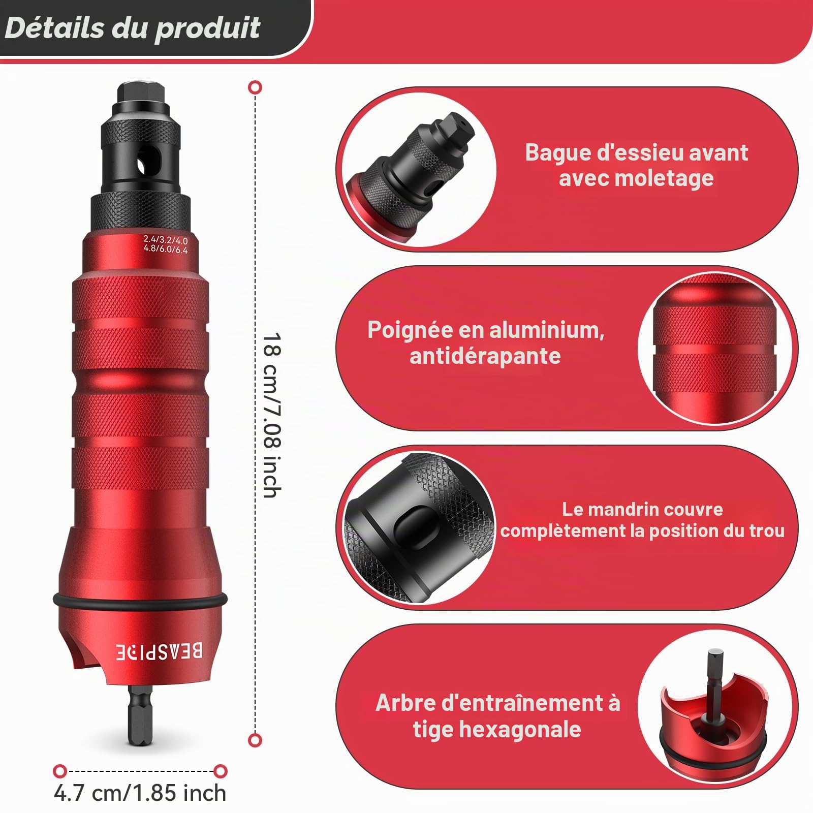 Beaspire Kit d'Adaptateur de Rivet pour Perceuse Électrique, Pince à Riveter Professionnelle Riveteuse, Pince Rivet Aveugle avec 6 Têtes de Rivet, Étui de Transport Robuste