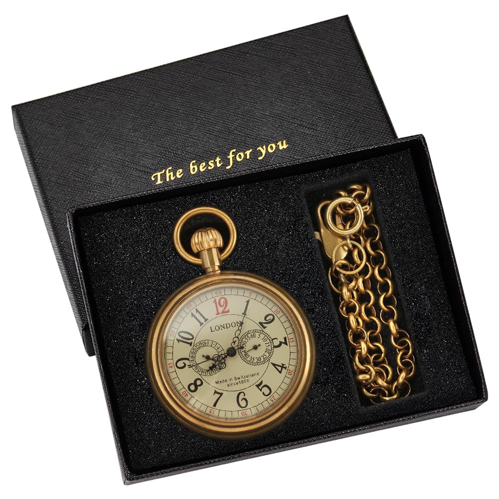 Tiong Vintage Copper Stainless Steel London Design Mechanical Hand-Wind Engraved Pocket Watch Mens Watches