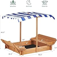 Vista 6 de Caja de arena para niños con cubierta ajustable, caja de arena de madera de 46.5 pulgadas con 2 asientos de banco plegables, arenero al aire libre