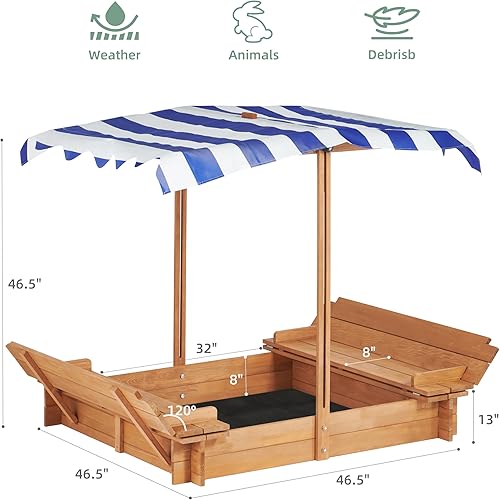 Miniatura 6 de Caja de arena para niños con cubierta ajustable, caja de arena de madera de 46.5 pulgadas con 2 asientos de banco plegables, arenero al aire libre