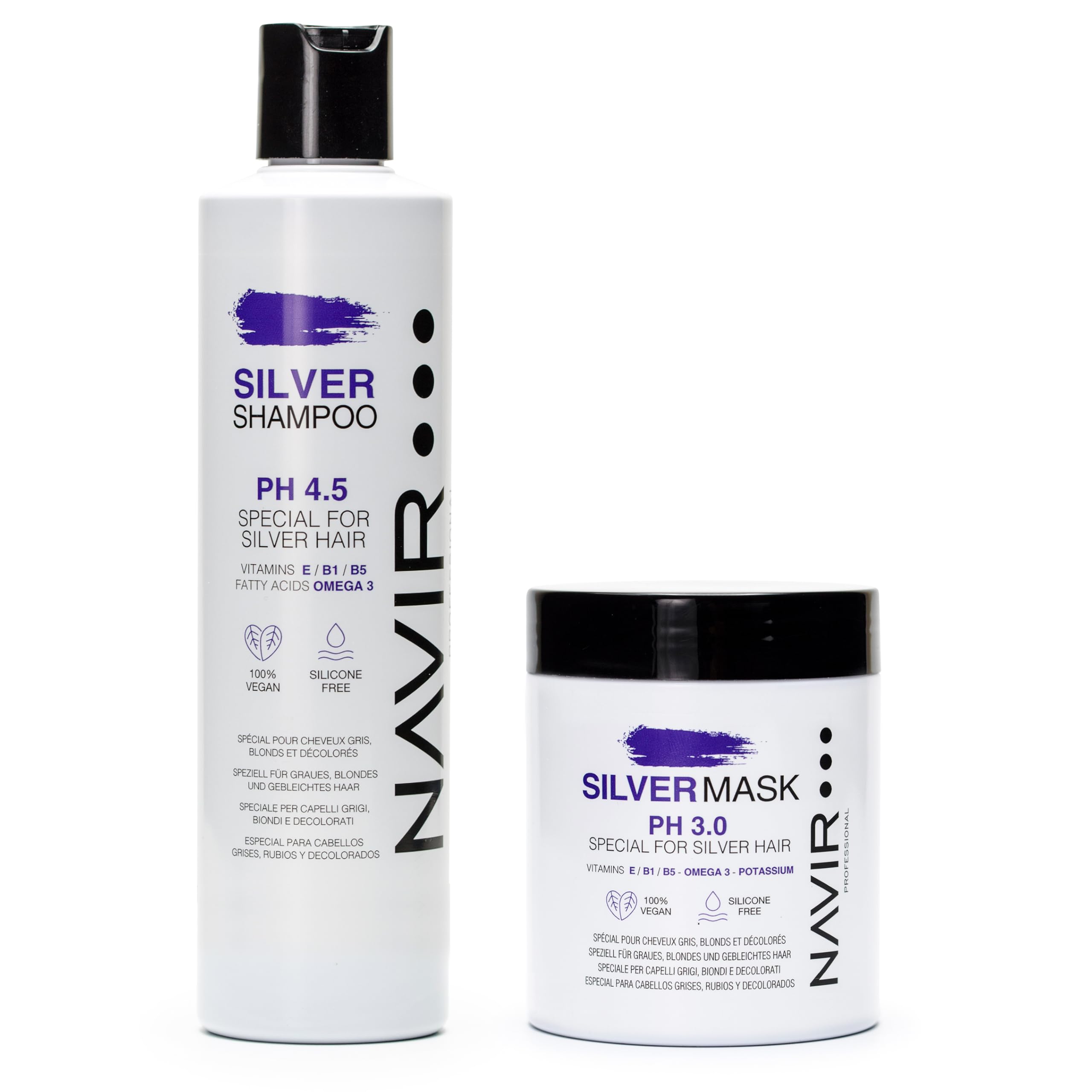 NAVIR Silver Traitement déjaunisseur professionnel pour cheveux blonds, décolorés, méchés, blancs et gris | Shampooing 300 ml + Masque 250 ml