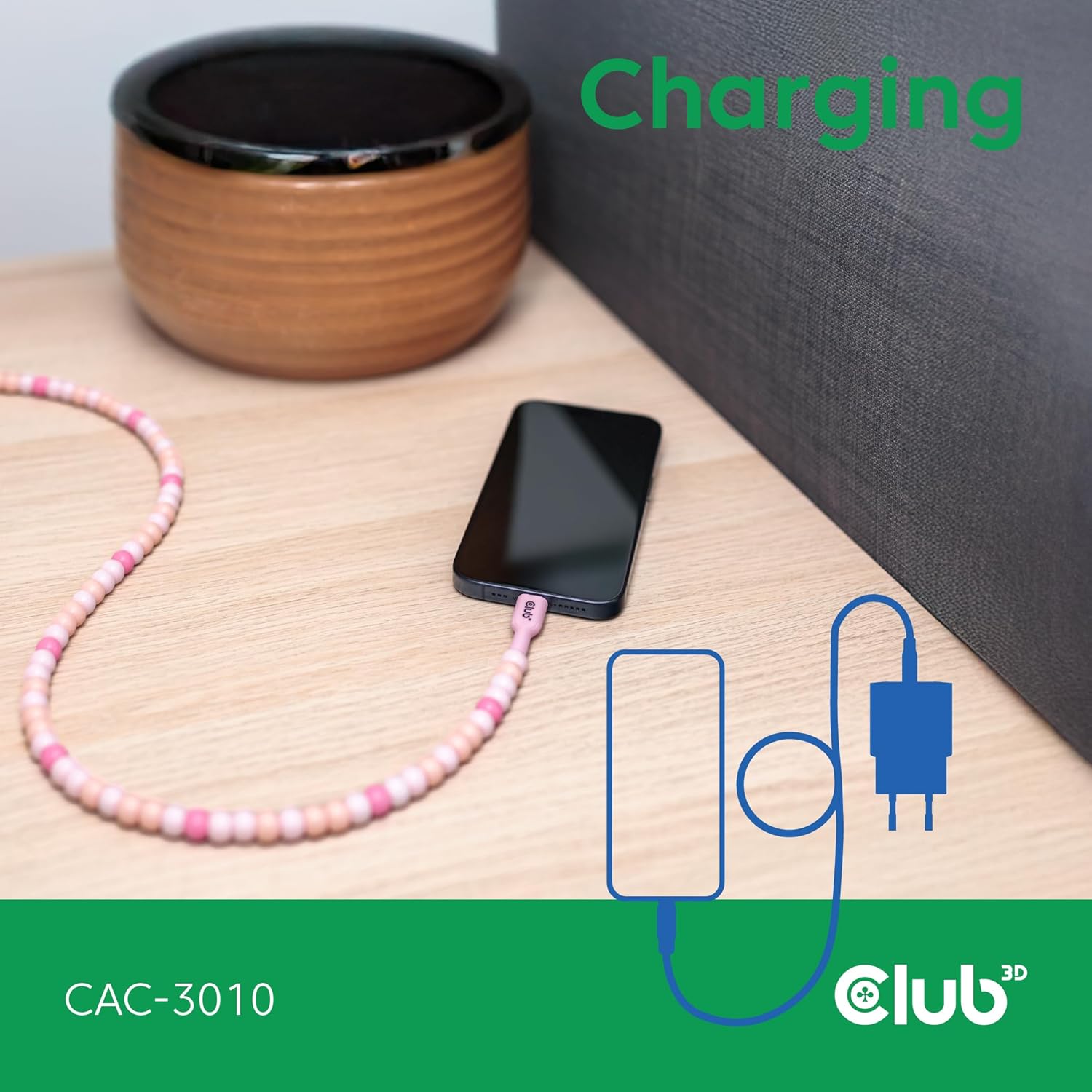 Club 3D USB-C Beaded Cable Pink, W129022962