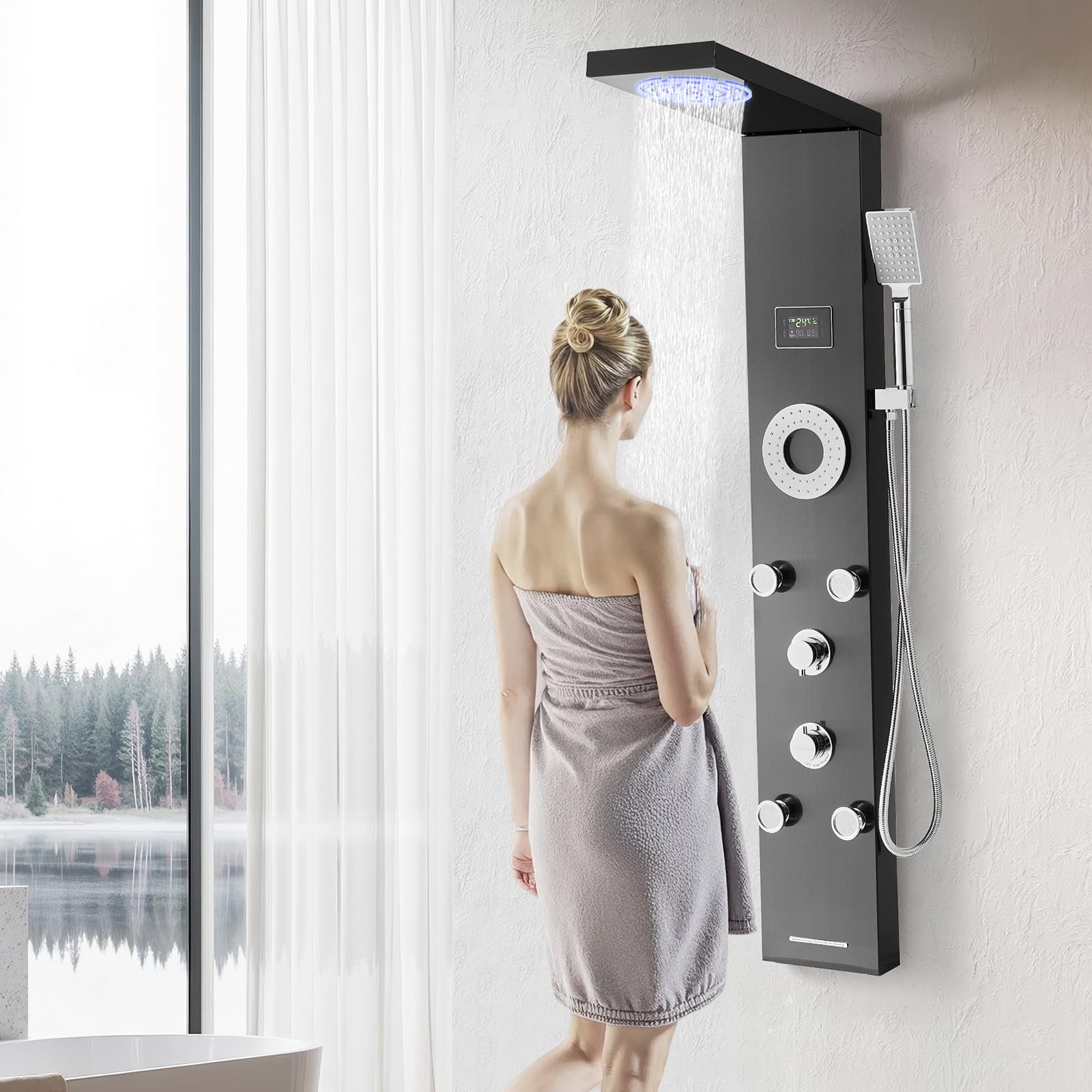 VEVOR Pannello Doccia con Sistema a Torre con Soffione a Pioggia, LED, Colonna Doccia in Acciaio Inox Spazzolato da 1345 mm Rubinetto a 6 Funzioni, con 5 Getti Corporei, Doccetta, Beccuccio per Vasca