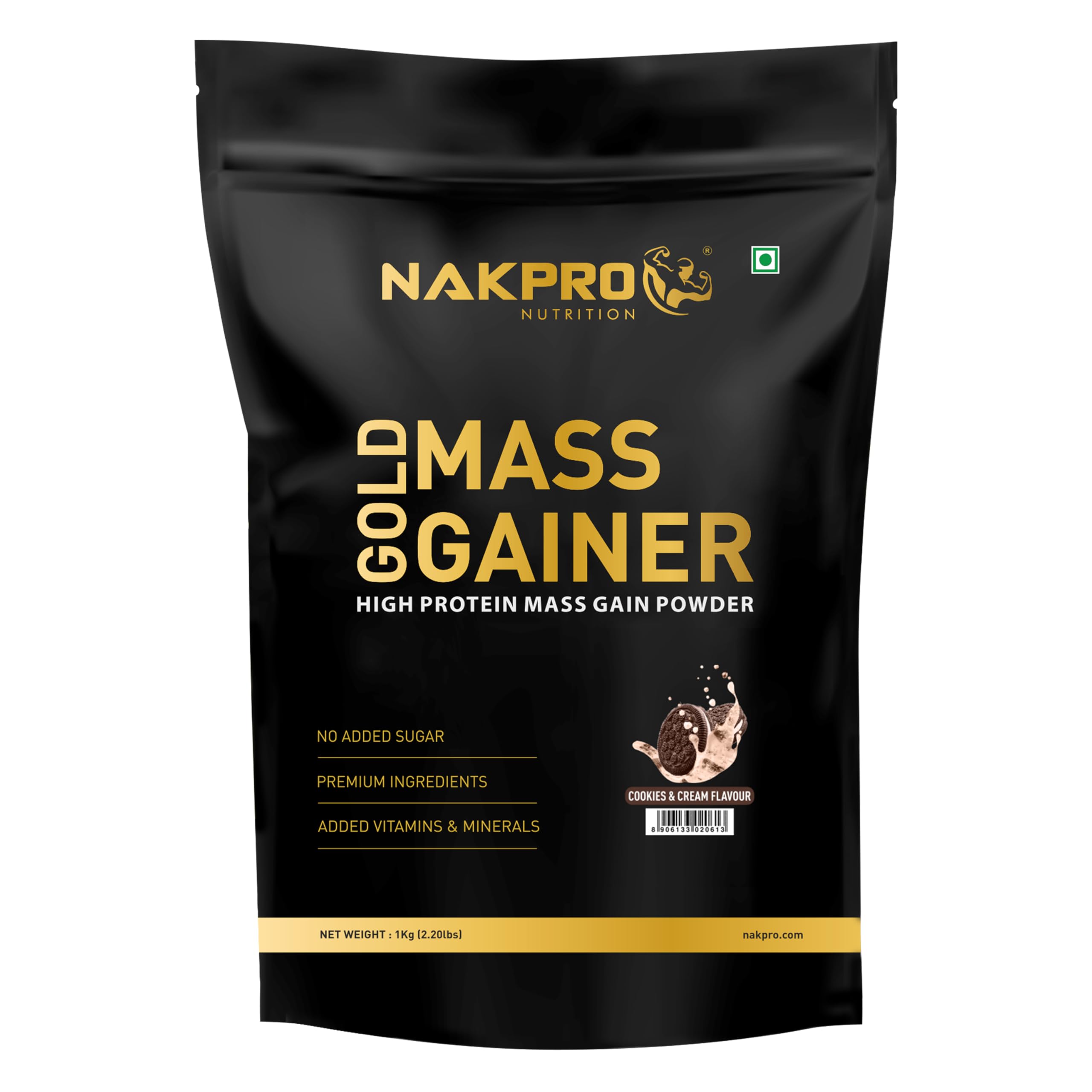 Nakpro Gold Mass Gainer Powder 1 Kg, Cookies & Cream| Lean Muscle Whey Protein Mass Gainer | 21g Protein, 68g Carb, 372 Calories Per Scoop for Muscle Support & Muscle Mass Gain