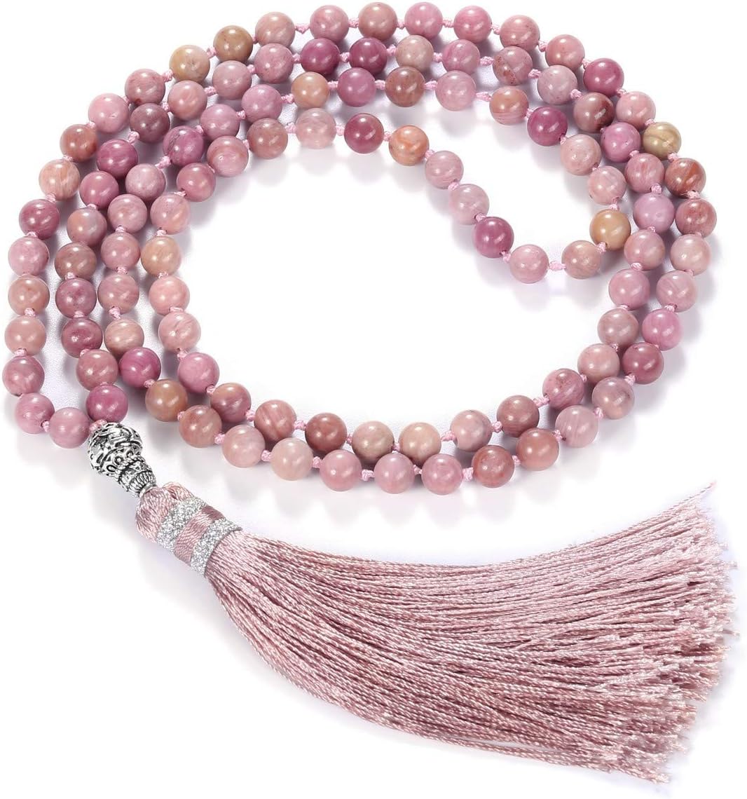 Jovivi 6mm 108 Mala Prayer Beads Meditation Multilayer Wrap Bracelet Natural Rhodochrosite Crystal Gemstone Chakra Necklace w/Tassel