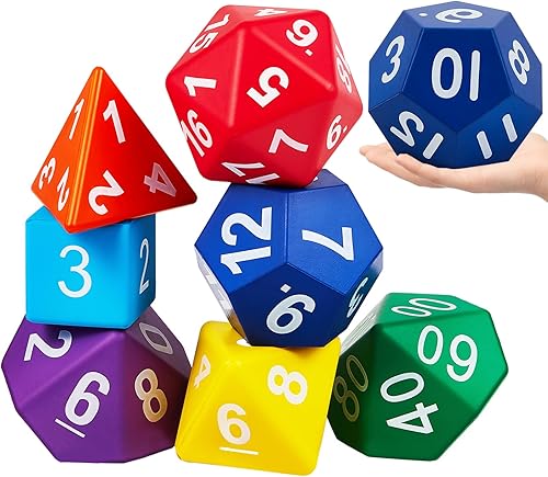 Arrowbash 7 dados poliédricos jumbo de espuma de 3.94 pulgadas, juego de 7 dados de 4, 6, 8, 10, 12, 20 lados, dados para enseñar números,